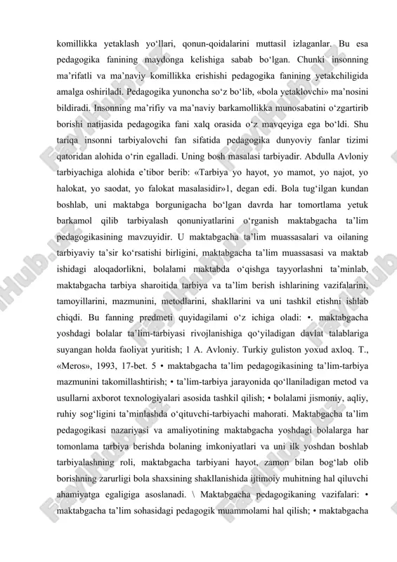 ifatlar va belgilarning shakllanishi, emotsional-irodaviy, bilish jarayonida muhim o‘zgarishlar ro‘y beradi. bolaning ijtimoiy rivojlanishi u ijtimoiy hayotda qatnasha boshlaganda uning xulqida, tevarak-atrofga bo‘lgan munosabatida namoyon bo‘ladi. shaxsning shakllanishi kishilik jamiyati tomonidan yaratilgan ijtimoiy-tarixiy tajribani o‘zlashtirish, ta’lim-tarbiya berish orqali amalga oshiriladi. bu har xil faoliyatlarda yuzaga keladi. bolalar egallashlari lozim bo‘lgan mazmunni tanlash, uning egallab olishiga rahbarlik qilish kattalar tomonidan ta’lim-tarbiya jarayonida amalga oshiriladi. tarbiya va ta’limning mazmuni, vositalari, metodlari, bolaning rivojlanish jarayoni ulaming yoshi bilan izohlanadi. jumladan, kichik yoshdagi bolalar bilan ish olib borilganda ulaming mustaqil hayotga butunlay moslashmaganligi hisobga olinadi. keyingi yosh guruhlarida maktabgacha yoshdagi bolaning mustaqilligi, moslashishi ancha oshib boradi. shunga muvofiq tarzda ta’lim-tarbiyaviy ishlarning vazifalari, mazmuni, vositalari o‘zgaradi. bolalaming maktabgacha yoshning oxiriga borib erishgan rivojlanish darajasi ular bilan olib boriladigan ta’lim-tarbiya ishini murakkablashtirish imkonini beradi. ijtimoiy-tarixiy tajribani o‘zlashtirish faol ish jarayonida yuz beradi. faollik bolaga xos xususiyatdir. tarbiya jarayonidagi faollik asosida faoliyatning har xil turlari shakllanadi. ulardan …