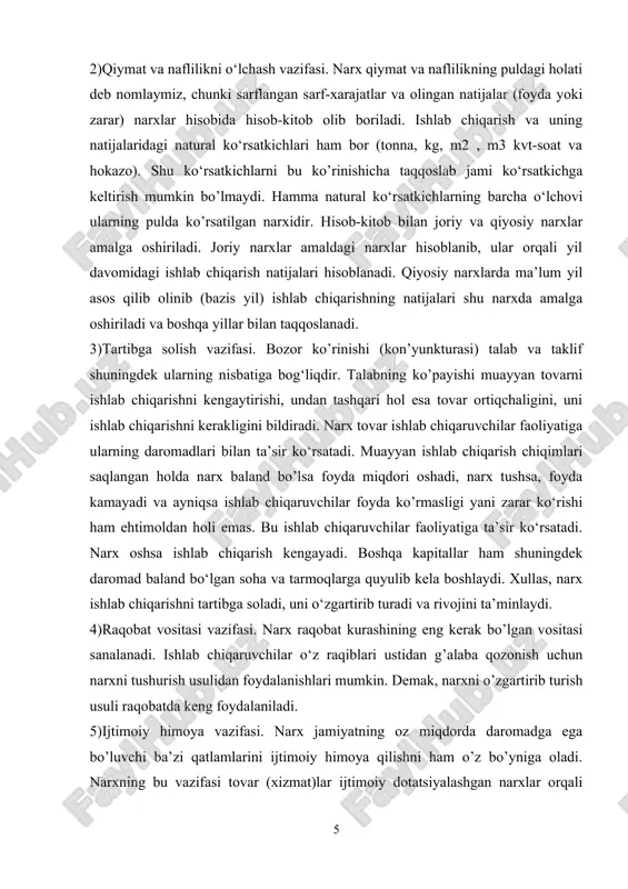 at muhitining yaratilishiga katta ta’sir ko‘rsatadi. ushbu bobda biz narxning iqtisodiy mazmuni va vazifalari, shakllanish tamoyillari va uning darajasiga ta’sir ko‘rsatuvchi omillar, narx turlarini batafsil bayon etamiz. shuningdek, turli darajadagi raqobat sharoitida narxning shakllanish xususiyatlari, davlatning narx siyosati va uning 0‘zbekistondagi o‘ziga xos jihatlarini ham ko‘rib chiqamiz. . narxning mazmuni va uning vazifalari tovarlar qiymati va ularning nafliligi o‘zlarining namoyon bo’lishini narxda topadi. amaliy hayotda qiymat tovar ishlab chiqaruvchilarni, naflilik esa, iste’molchilarni rag'batlantiruvchi, ularni harakatga keltiruvchi kuch sifatida amal qiladi. tovarning bir-biriga qarama-qarshi bo’lgan, lekin doimo bir-birini taqozo etadigan, birisiz ikkinchisi bo’lmaydigan ikki xususiyatga, ya’ni ma’lum bir naflilikka (iste’mol qiymatiga) va qiymatga ega ekanligi, tovar yoki xizmat shu ikki xususiyat birligidan iborat ekanligi o‘quvchiga oldingi boblardan ma’lumdir. oldingi o‘rinlarda biz tovarning qiymati har qanday sarflarni emas, balki mavjud sharoitda shu tovarni ijtimoiyzaruriy miqdorda va sifatda ishlab chiqarish, ya’ni ijtimoiyzaruriy naflilikni yaratish uchun zarur bo’lgan ijtimoiy-zaruriy sarflarni ifoda etishini aytib o‘tgan …