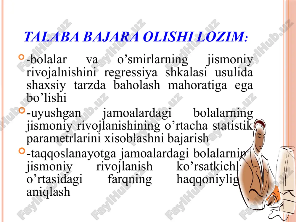 ilangan va bir xil balandlikda, qorin tortilgan, oyoqlar to‘g’rilanganligi kuzatiladi. oyoq shaklini aniqlash uchun: tekshiriluvchi tovonlarini birlashtirib tik turadi. me'yoriy shakldagi oyoq tuzilishda tizza bo‘g’inlari bir-biriga tegib turadi; «o» - shakldagida esa tizza bo‘g’inlari bir-biriga tegmaydi, «x»-shakldagi tuzilishida tizza. oyoq kafti — tayanch va harakat organidir. oyoq kafti normal, yassi va tekis bo'lishi mumkin. oyoq kafti shaklini aniqlash uchun tayanch yuzasi, oyoq kafti gumbazi baholanadi. tovonning shaklini bilish uchun tovon bo'yniga qarab baho beriladi. undan tashqari axilov payining oyog`iga va tovonga tushadigan yuklamaga ahamiyat boriladi. normal tovonda tayanch yuzasiga tushadigan yuqorida ko'rsatilgan o‘qlar perpendikulyar bo'ladi. tovonning tasvirini olish uchun har xil bo'yovchi moddalar qo'llaniladi. buning uchun tekshiriluvchi oyog’ini dastlab 1% temir xlorli suv eritmasi bilan ho'llangan to‘qimaga, so'ngra 0,5%li taninning spirtli eritmasi bilan qo'llangan qog’ozga butun og`irligini solib turadi. olingan tasvir quritiladi va tovonning yassiligiga shtriter usuli bilan baholanadi. somatoskopik belgilar tavsiflash orqali ifodalanadi, jinsiy yetilish belgilari esa formula yordamida …