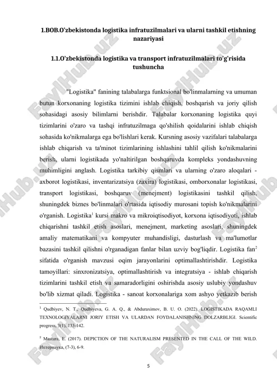 lar uning potensialini "xarajatlarni tejashning so'nggi chegarasi" va "iqtisodiyotning noma'lum quroli (yoki materigi)" deb belgilab qo'yishdi. logistika sohasidagi kengaytirilgan talqinning tarafdorlari fransuz mutaxassislari e. mate va d. tikselar2 bo'lib, ular quyidagi fikrlarni berishgan "kompaniyaning sheriklar bilan munosabatlarini muvofiqlashtirish usullari va bozor tomonidan taqdim etilgan talabni muvofiqlashtirish vositasi va kompaniya tomonidan ilgari surilgan taklif, turli xil bo'linmalarning sa'y-harakatlarini birlashtirishga imkon beradigan korxona faoliyatini tashkil etish usuli. kompaniya o'zining iqtisodiy maqsadlarini amalga oshirish uchun foydalanadigan moliyaviy, moddiy va mehnat resurslarini optimallashtirish maqsadida tovarlar va xizmatlar ishlab chiqarish." germaniyalik olimlar va amaliyotchilar, logistikani tegishli ma'lumotlar bilan bir qatorda, xom ashyo, yarim tayyor mahsulotlar va tayyor mahsulotlarni foydali va tejamkor harakatlanishini rejalashtirish, boshqarish, amalga oshirish va nazorat qilish deb ta'riflashadi. [1: qudbiyev, n. t., qudbiyeva, g. a. q., & abduraximov, b. u. o. (2022). logistikada raqamli texnologiyalarni joriy etish va ulardan foydalanishning dolzarbligi. scientific progress, 3(1), 133-142. ] [2: mastura, e. (2017). depiction of …