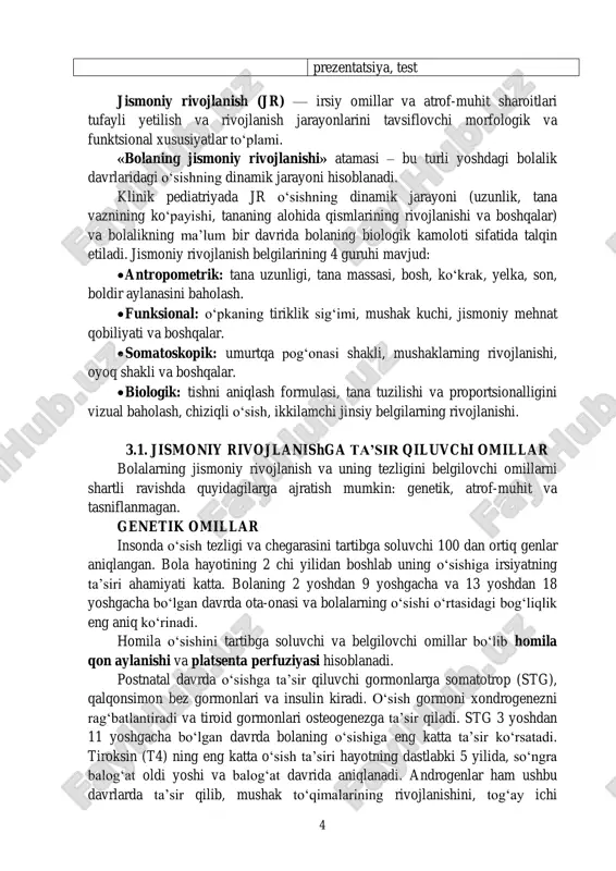 tg), epifiz, qalqonsimon bez gipofiz (stg), jinsiy gormonlar (androgen, estrogenlar) bola hayotining birinchi yilida yuqori o‗sish sur‘ati saqlanib qoladi, ya‘ni yiliga 25 sm qo‗shiladi. oziqlanish omillaridan tashqari, go‗daklik davrida bolaning o‗sishiga o‗sish gormoni ham ta‘sir qiladi, bu esa axondroplaziya jarayonlariga bevosita ta‘sir qilib, skelet suyaklarining chiziqli o‗sishini ta‘minlaydi, bunda tog‗ay plastinkalariga yangi hujayralar paydo bo‗lishidan boshlanadi (jadval. 3.2). skelet rivojining normal jarayoni uchun osteogenezni rag‗batlantiradigan tiroid gormonlarining yetarli ishlab chiqarilishi muhimdir. ular skeletning o‗sish gormoniga sezgirligini oshiradi va hatto uning ishlab chiqarilishiga ijobiy ta‘siri orqali o‗sishga sabab bo‗ladi. jadval 3.2. suyak to‗qimasiga gormonlarning ta‘siri chiziqli o‗sish (xondroplaziya) suyak to‗qimasining yetilishi (osmteogenez) stg, androgenlar, insulin – glyukokortikoidlarni kuchaytiradi, estrogenlar - tormozlaydi tireoid gormonlar, androgenlar, estrogenlar - kuchaytiradi 1 yoshdan 3 yoshgacha bo‗lgan bolalik davrida o‗sish sur‘atlarining tez pasayishi kuzatiladi, so‗ngra sut tishlari davrida esa - 1 yoshdan 6 yoshgacha egri chiziq balog‗at yoshiga qadar nisbatan tekis bo‗ladi. ushbu yosh segmentida qalqonsimon …
