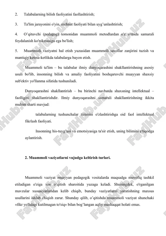 uammoli vaziyat shunchaki «fikr yo'lidagi kutilmagan to'siq» bilan bog’langan aqliy mashaqqat holati emas. muammoli vaziyat har qanday fikrlash mashaqqatlaridan farqi qilib, unda talaba mashaqqat talab qilgan ob’ekt (tushuncha, fakt)ning unga amal va ayni vaqtda muhim bo'lgan vazifa, masala bo'yicha ichki, yashirin aloqalarini anglab etadi. muammoli vaziyatning mohiyati shuki, u talaba tanish bo'lgan ma'lumotlar va yangi faktlar, hodisalar (qaysiki, ularni tushunish va tushuntirish uchun avvalgi bilimlar kamlik qiladi) o'rtasidagi ziddiyatdir. bu ziddiyat bilimlarni ijodiy o'zlashtirish uchun harakatlantiruvchi kuchdir. muammoli vaziyatning belgilari quyidagilar: talabaga notanish faktning mavjud bo'lishi; vazifalarni bajarish uchun talabaga beriladigan ko'rsatmalar, yuzaga kelgan bilish mashaqqatini hal qilishda ulaming shaxsiy manfaatdorligi. muammoli vaziyatdan chiqa olish, hamma vaqt muammoni, ya'ni nima noma'lum ekanligini, uning nutqiy ifodasi va yechimini anglash bilan bog’langan bo'ladi. muammoli vaziyatni fikriy tahlil qiladigan bo'lsak, u avvalombor talabalarning mustaqil aqliy faoliyatidir. u talabani intellektual mashaqqat keltirib chihargan sabablarni tushunishga, unga kirish, muammoni so'z bilan ifodalash, ya'ni faol fikr …