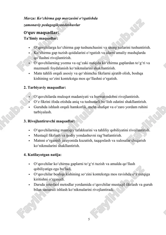 ariy bilimlarni real vaziyatlarda qo‘llay olish qobiliyati. zamonaviy pedagogik yondoshuv – o‘quvchilarning faol ishtirokini rag‘batlantiruvchi, mustaqil fikrlash va ijodiy yondashuvni rivojlantiruvchi pedagogik usullar. vi. mavzuni yoritish: o`qituvchi yangi dars mavzusini bayon qilishda o`quvchilarga quyidagi savollar bilan muammoli vaziyat yaratadi. javobni “tarmoqlar” usulidan foydalanib kichik guruhlar javobini yozadilar. mustahkamlash vazifa: dars davomida o‘rganilgan nazariy va amaliy bilimlarni mustahkamlash, o‘quvchilarning mavzuni to‘liq tushunganligini tekshirish. faoliyat: 1. savol-javob: · o‘qituvchi o‘quvchilarga savollar beradi: · “ko‘chirma gap nima?” · “ko‘chirma gapning turlari qaysilar?” · “ko‘chirma gapni qanday tuzamiz va qoidalariga e’tibor beramiz?” · o‘quvchilar javob beradi, misollar keltiradi. 2. amaliy mashq: · o‘quvchilarga matn beriladi, undagi ko‘chirma gaplarni topish va ularni tahlil qilish so‘raladi. · guruhlar natijasini taqdim qiladi va o‘qituvchi tuzatishlar kiritadi. 3. kichik guruh ishlari: · har bir guruh o‘z misolini yaratadi va uni sinf oldida taqdim etadi. · guruh a’zolari bir-birining ishini tahlil qiladi, o‘qituvchi qo‘shimcha izoh beradi. 4. kontekstli mashq: …