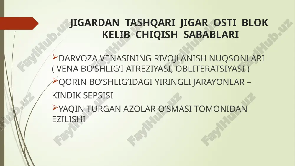 min e 10 mg dozada mushak orasiga yoki ichishga har kuni. kortikosteroidlar, d-penitsillamin, azatioprin ursodezoksixolat kislota kuniga 12-15 mg/kg ichishga jigar transplantatsiyasi — kasallik terminal bosqichida 41 davolash davolashning samaradorligi past. og'ir jigar etishmovchiligi bo'lgan bemorlar har soatda shifokor nazoratiga muxtojlar parxez – oqsil miqdorini keskin kamaytirish, oqsil miqdorining keskin kamaytirish kuniga 30-40 g/sut gacha, yog'larni 60 g gacha va uglevodlarni kuniga 200 g gacha cheklash, polivitaminlar, sut-qatiq maxsulotlari. 42 davolash(davomi) intoksikatsiya bilan kurashish gemostatiklar diuretikdar entsefalopatiyada preparati, ammiak metabolizmini kchaytiruvchi vositalar davolashning ekstrakorporal usullari: plazmaferez, gemodializ, gemo- va limfosorbtsiya, qonning perfuziya krovi cherez pechen svini giperbarik oksigenatsiya seanslari laktulozani qo'llagan holda tozalovchi xuqna qo'yish tuzli surgi dorilar laktuloza elektrolitli komada qonning elektrolitli tarkibini me'yoriga keltirish 43 jigar abstsessi jigar abstsessi - bu jigar parenximasiga chegaralangan yiring tuplanishi: mikrobli flora parazitar forma aralash forma bundan tashkari yiring gidatitli exinokokk kistalarning yiringlashi okibatida xam kelib chikadi. bakterial jigar abstsessi: mikroflorani jigar …