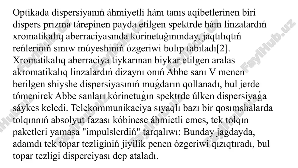 ulsi oń gruppa-tezlik disperciyasına iye bolgan material arqalı tarqalatuģın bolsa, onda qısqa tolqın uzınlıqtaģı komponentler uzınıraq tolqın uzınlıqtaģı komponentlerge qaraganda ásterek háreketlenedi. solay etip, puls waqit ótiwi menen jiyiligi artıp barıwshı oń shińģırlaydı yamasa kóteriledi. ekinshi tárepten, eger impuls teris gruppa-tezlik disperciyasına ie bolǵan material boyınsha óce, qısqa tolqın uzınlıǵındaǵı komponentler uzınıraqlarına qaraǵanda tezirek qozǵaladı hám impuls waqıttıń ótiwi menen jiyiligi tómenlep, teris sıńǵırlaydı yamasa tómenge túsedi. akustikalıq oblasttaǵı teris sıyqırlaw signalınıń kúndelikli mısalı jaqınlasıp kiyatırǵan poezdıń dánekerlengen joldaǵı deformaciyalarǵa urılıwı bolıp tabıladı. poezddıń ózi keltirip shıǵaratuǵın ses impulsiv bolıp, metall jollarda hawaǵa qaraǵanda ádewir tez tarqaladı, sonıń ushın poezd keliwinen aldın onı jaqsı esitiw múmkin. biraq, uzaqtan bul impulslerdi keltirip shıǵaratuǵın sıpatında esitilmeydi, al trektiń terbeliw rejimleriniń quramalılıǵınan kelip shıǵatuǵın jańǵırıq ortada ózine tán túsip turatuǵın sıqırlawǵa alıp keledi. topar tezligi disperciyasın esitiw múmkin, sebebi sesler kólemi tań qalarlıq dárejede uzaq waqıt, bir neshe sekundqa shekem esitiledi. gvd nátiyjesi, …