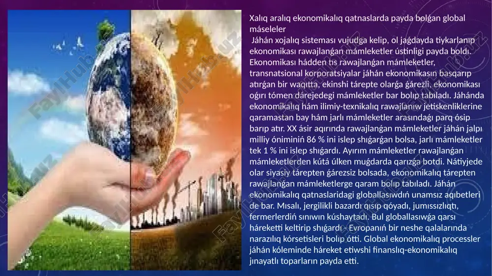 w názerde tutılmaqta. óndiriwshi kúshlerdiń rawajlanıwı respublikada social ekologiyalıq jaǵdayına arnawlı bir dárejede unamsız tásir kórsetedi. respublikamızda tábiyaattı qáwipsizlik etiwge tiyisli máseleler tómendegiler: 1. iri aymaqlıq sanaat komplekslerin jaylasqan rayonlarda tábiyaattı qáwipsizlik qılıw máseleleri. (angren, almalıq, chirchiq, ferǵana, marg'ilon, navaiy hám hjkozo.) 2. aral hám aralbo'yi máseleleri, suw resurslarini qorǵaw hám olardan maqul túsetuǵın tárzde paydalanıw. 3. tábiyaatdaǵı suwning sanaat shıǵındıları pestitsidlari hám mineral tóginler menen pataslanıwı. 4. ósimlik hám haywanot dúnyasın qorǵaw hám qayta qayta tiklew máseleleri, hám milliy baǵlar tarmaǵın keńeytiw. birgelikte qısqa waqıt ishinde jılına 20 -21 km3 suw aralga quyılatuǵın muǵdarda birden-bir suw xojalıq siyasatın islep shıǵıw bunda aralbo'yidagi barlıq tábiyiy kólni saqlap qalıw itibarǵa alınıwı kerek tábiyiy resurslar : túsinigin tariyplewden aldın, bul túsinikti kópshilik avtorlar tárepinen túrlishe aytılıwı haqqında ayırım mineral resurslar tiklenetuǵın tábiyiy resurslar pútkilley joq bolıp ketpeydi hám qaytaldan tiklenedi. tiri janzatlar, ósimlik hám haywanlar, sonıń menen birge, topıraq áne sonday resurslardan …
