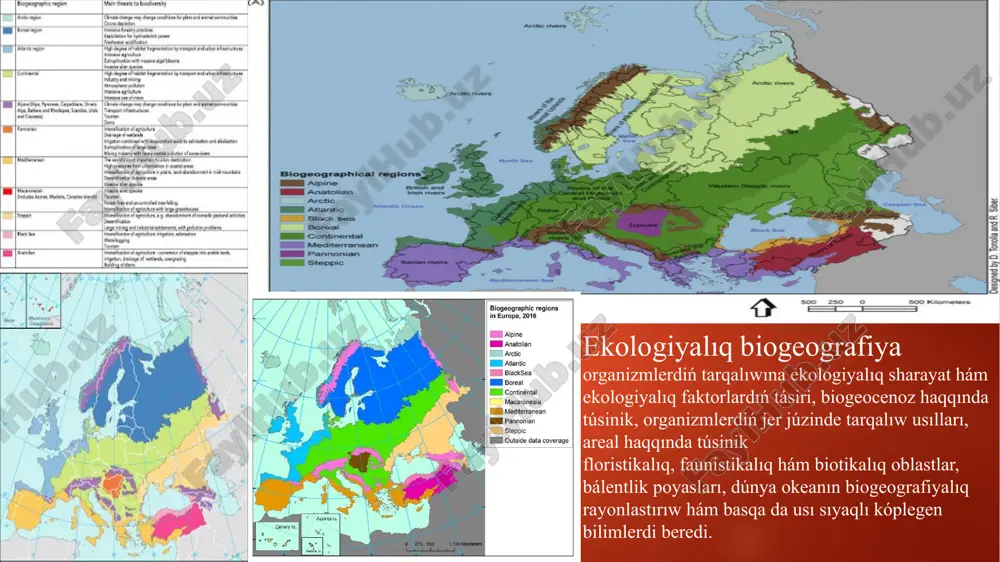 i kóp qırlı. biogeografiyanıń tiykarların bilmey turıp, ósimlik hám haywanat resurslarınan aqılǵa uǵras paydalanıw múmkin emes. sebebi, insan ushın paydalı bolgan ósimlik hám haywan túrleri jer sharında júdá tegis emes jaylasqan. ósimlik hám haywan resurslarınan shiyki zat sıpatında paydalanıw hár qıylı regionlarda hár qıylı qolaylı waqtında ámelge asırıladı. paydalang`an a d a b i y o t l a r: 1. voronov a g. biogeografiya s osnovami ekologii, mgu, 1987. 2. voetkevich g.v.vronskiy v.a.osnove ucheniya o biosfere, m. prosveöenie, 1989. 3. zoxidov t.3, meklenburtsev r., priroda i jivotnngsh sredney azii, tashkent, óqituvchi, 1979. 4. bogdanov o.p., ózbekstan haywanları. tashkent, óqituvchi, 1983. 5. hamidov a, ósimlikler geografiyası, tashkent, óqituvchi, 1975. 6. hamidov a, nabev m, odilov t. ózbekstan ósimlikleri anıqlaģishı, tashkent, oqıtıwshı, 1987. 7. kobishev n. m., kubantsev b.s., geografiya jivotniqx s osnovami zoologii, moskva, prosveöenie, 1987. 8. xrjanovskiy v.g., viktorov v.s, litvak v.p, radionov b.s.botanicheskaya geografiya s osnovami ekologii rasteniy, …