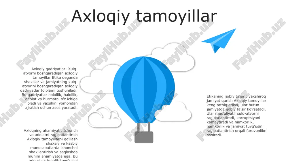rshiliklar, qarama-qarshi manfaatlar va daromadlilik va ijtimoiy mas'uliyatni muvozanatlash zarurati kiradi. korxonalar ushbu qiyinchiliklarni samarali hal qilish yo'llarini topishlari kerak. 06 05 04 03 02 davlat boshqaruvida etika 01 02 hukumatning axloqiy tamoyillari:- halollik: halollik, oshkoralik va adolat bilan ish yuritish, axloqiy va huquqiy me'yorlarga rioya qilish.- hisobdorlik: o'zini va boshqalarni xatti-harakatlari, qarorlari va faoliyati uchun javobgar bo'lish axloqiy xulq-atvor standartlari:- manfaatlar to'qnashuvining oldini olish: shaxsiy manfaat yoki tashqi ta'sir rasmiy vazifalarga zid keladigan vaziyatlarning oldini olish.- maxfiylikka rioya qilish: nozik yoki imtiyozli ma'lumotlarni hurmat qilish, faqat vakolatli shaxslar bilan baham ko'rish 03 davlat etikasining ahamiyati:- jamoat ishonchi: axloqiy xulq-atvor davlat idoralari va mansabdor shaxslarga ishonchni kuchaytiradi, jamoatchilik tomonidan qo‘llab-quvvatlanishi va hamkorligini ta’minlaydi.- korruptsiyaning oldini olish: kuchli axloqiy amaliyotlar hisobdorlik va shaffoflik madaniyatini yaratadi, korruptsion yoki axloqsiz xatti-harakatlarning oldini oladi sog'liqni saqlashda etika sog'liqni saqlashdagi axloq: sog'liqni saqlashdagi etika sog'liqni saqlash xodimlarini qarorlar qabul qilish va xatti-harakatlarida boshqaradigan axloqiy tamoyillar …