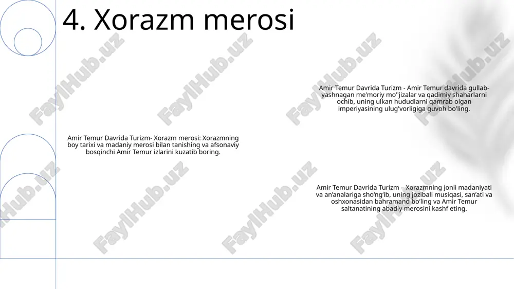 i. temurning savdo-sotiq va infratuzilmani rivojlantirishga qaratilgan siyosati mintaqaning iqtisodiy hayotiyligini oshirishga xizmat qildi. tarixni asrash: amir temur davrida turizm tashabbusi ipak yo‘lining tarixiy ahamiyatini saqlashga qaratilgan. u tabiatni muhofaza qilish bo‘yicha sa’y-harakatlarni qo‘llab-quvvatlaydi, madaniy merosni targ‘ib qiladi va qadimiy savdo yo‘li bo‘ylab tarixiy joylarga sayyohlikni rag‘batlantiradi. 11. ipak yo‘li: savdoning hayot yo‘li 1: diniy ahamiyati: amir temur hukmronligi davrida movaronnahr dinlar qaynab turgan joy boʻlib, registon maydoni, bibixonim masjidi va shoxi-zinda nekropol kabi diqqatga sazovor joylarga ega boʻlib, mintaqaning boy islom merosini namoyish etadi. 2: madaniy gobelen: amir temur davrida movaronnahrning rang-barang diniy landshafti zardushtiylik, buddizm va nasroniylik taʼsirida islom anʼanalari bilan uygʻunlashgan holda jonli madaniy almashinuvni kuchaytirdi. bu sintez noyob me'moriy mo''jizalar va badiiy durdonalarni yaratdi. 3: me’moriy meros: amir temur davrida qurilgan diniy inshootlarning ko‘pchiligi vaqt sinovidan o‘tib, mintaqaning ma’naviy o‘tmishidan dalolat bo‘lib qolmoqda. bu meʼmoriy durdonalar, jumladan, masjidlar, maqbaralar va madrasalar oʻsha davrning mohir hunarmandchiligi va …