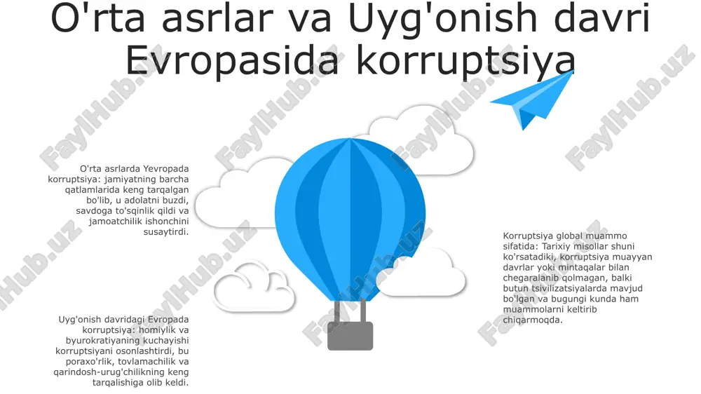 chilik. tarixiy ildizlar: korruptsiya tarixi qadimgi davrlarga borib taqaladi, uning misr, mesopotamiya va gretsiya kabi ilk sivilizatsiyalarda tarqalganligi isbotlangan. ijtimoiy oqibatlar: korruptsiya institutlarga ishonchni susaytiradi, iqtisodiy o'sishga to'sqinlik qiladi, qashshoqlikni oshiradi va adolatli va adolatli jamiyat asoslarini buzadi. 06 05 04 03 02 korruptsiya va ijtimoiy tartibsizliklar 01 02 1. korruptsiyaning tarixiy shakllari: bu bo'limda korruptsiyaning qadimgi tsivilizatsiyalardan to hozirgi davrgacha bo'lgan evolyutsiyasi kuzatilib, uning turli ko'rinishlari va tarqalishiga yordam beruvchi omillar ko'rsatilgan. 2. korruptsiyaning ijtimoiy hayotdagi ko‘rinishlari: korruptsiya jamiyatda poraxo‘rlik, tovlamachilik, qarindosh-urug‘chilik, qarindoshchilik kabi turli ko‘rinishlarda namoyon bo‘lishi mumkin. ushbu bo'lim korruptsiyaning ijtimoiy munosabatlarga qanday ta'sir qilishini, ishonchni susaytirishini va ijtimoiy va iqtisodiy rivojlanish uchun to'siqlarni yaratishini o'rganadi. 03 3. korruptsiya global muammo sifatida: korruptsiya muayyan mintaqalar yoki mamlakatlar bilan chegaralanib qolmaydi, balki butun dunyo bo'ylab jamiyatlarga ta'sir qiluvchi keng tarqalgan hodisadir korruptsiya va siyosiy beqarorlik 1. korruptsiyaning tarixiy shakllari: korruptsiyaning qadim zamonlardan hozirgi shakllarigacha bo'lgan evolyutsiyasini tushuntirib, korruptsiya …