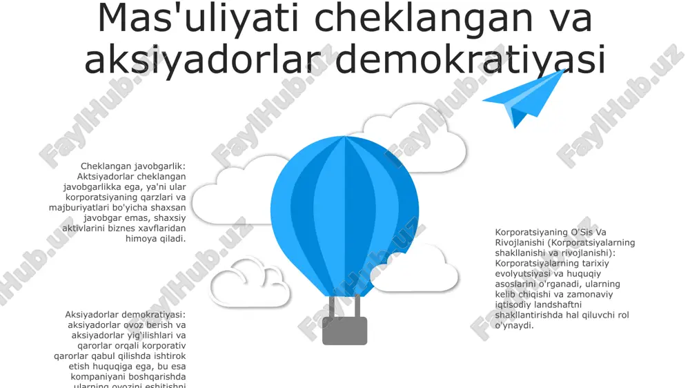 cheklashni ta'minlaydi. rivojlanishi: korporatsiyalar uchun o'sish va kengayish strategiyalari. mahsulot ishlab chiqish, bozorni kengaytirish va sotib olishni o'z ichiga oladi. biznes maqsadlariga erishish uchun rejalashtirish, investitsiyalar va amalga oshirishni talab qiladi. 06 05 04 03 02 korporativ boshqaruv va javobgarlik 01 02 kengashning xilma-xilligi: turli kengashlar turli nuqtai nazar va tajribalarni jalb qilish orqali qaror qabul qilishni yaxshilaydi va xavflarni kamaytiradi. shunisi e'tiborga loyiqki, ayollar direktorlar ulushi ko'proq bo'lgan kengashlar moliyaviy ko'rsatkichlarning yaxshilanishi va ijtimoiy mas'uliyat bilan bog'liq. rahbar kompensatsiyasi: rahbar tovonini kompaniya faoliyati bilan moslashtirish javobgarlik uchun juda muhimdir. samaradorlikka asoslangan ish haqi tuzilmalari rahbarlarni aktsiyadorlar qiymatini oshirishga undaydi, ortiqcha kompensatsiya esa noto'g'ri rag'batlantirish va manfaatdor tomonlar uchun salbiy oqibatlarga olib kelishi mumkin. 03 manfaatdor tomonlarni jalb qilish: korporativ boshqaruv kompaniyalardan aktsiyadorlardan tashqari manfaatdor tomonlar bilan ham hamkorlik qilishni talab qiladi. bu xodimlar, mijozlar, etkazib beruvchilar va jamiyat manfaatlarini hisobga olishni o'z ichiga oladi korporativ moliya va qarz qarzni …