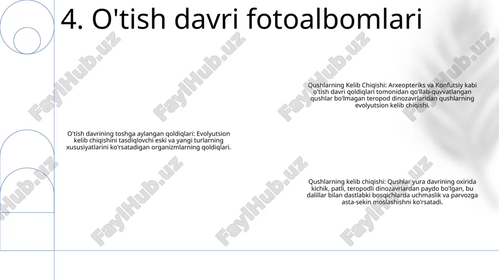hlarni hisoblash, uyalar monitoringi va qushlarni ko'rish haqida xabar berish kabi tashabbuslar orqali qushlarni saqlashda jamoatchilik ishtiroki juda muhimdir. 12. qushlarni asrash ekologik inqiroz: iqlim o'zgarishi, yashash joylarining yo'qolishi va ifloslanishi butun dunyo bo'ylab qushlar populyatsiyasining sezilarli darajada pasayishiga olib keladi. moslashuvchanlik va chidamlilik: ushbu qiyinchiliklarga qaramay, qushlar yangi oziq-ovqat manbalari va uya joylarini topish uchun rivojlanib, ajoyib moslashuvchanlik va chidamlilikni namoyish etdilar. texnologik yutuqlar: qushlarni kuzatish texnologiyalari va tabiatni muhofaza qilish sa'y-harakatlari ularning xatti-harakatlari haqida qimmatli ma'lumotlarni taqdim etib, tabiatni muhofaza qilish strategiyalarini boshqarishga va yo'qolib borayotgan turlarni himoya qilishga yordam beradi. 13. qushlarning kelajagi e'tiboringiz uchun rahmat @taqdimot_robot image1.png /docprops/thumbnail.jpeg