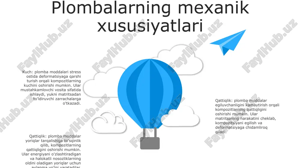 a'siri 01 02 to'ldiruvchi-to'ldiruvchining o'zaro ta'siri: bu o'zaro ta'sirlar kompozit material ichidagi plomba zarralari o'rtasida hosil bo'lgan kuchlar va bog'lanishlarni anglatadi. ular qattiqlik, kuch va boshqa xususiyatlarga ta'sir qilish orqali kompozitning mexanik xususiyatlariga ta'sir qiladi. to'ldiruvchining mexanik xususiyatlari: plomba moddalarining qattiqligi, qattiqligi va mustahkamligi kabi mexanik xususiyatlari kompozitning umumiy mexanik ishlashiga bevosita ta'sir qiladi. qattiq plomba moddalar kompozitning elastiklik modulini oshiradi, qattiq plomba moddalar esa uning tirnalishga chidamliligini oshiradi. 03 to'ldiruvchi va to'ldiruvchi o'zaro ta'siri: to'ldiruvchi va to'ldiruvchi o'zaro ta'sirlarning tabiati va darajasi kompozitsiyaning mexanik xususiyatlariga ta'sir qiladi to'ldiruvchini mustahkamlash mexanizmlari mustahkamlash mexanizmlari: plomba moddalari polimer matritsasida o'zaro bog'lanish, zanjir harakatchanligini cheklash va stressni yutish orqali kuchni yaxshilaydi. ushbu mexanizm "cheklash nazariyasi" deb nomlanadi. mexanik xususiyatlar: plomba moddalari turli mexanik xususiyatlarni, jumladan, kuchlanish, qattiqlik va qattiqlikni oshirishi mumkin. ular polimer zanjirining moslashuvchanligini kamaytiradi, bu esa qattiqroq va qattiqroq materialga olib keladi. qattiqlashtiruvchi effektlar: elastomerlar yoki kauchuk zarrachalar kabi ba'zi plomba …