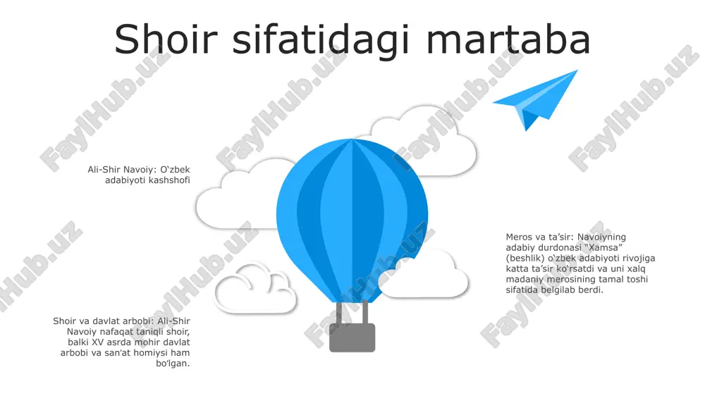 n’analari rivojiga doimiy ta’sir ko‘rsatdi. adabiy afsona sifatida meros xalqaro e'tirof xalqaro e’tirofnavoiy nafaqat markaziy osiyoda, balki butun dunyoda buyuk shoir sifatida tan olingan. uning asarlari ko‘plab tillarga tarjima qilingan, g‘oya va ijodi jahon adabiyoti rivojiga katta ta’sir ko‘rsatgan. o‘zbek adabiyotining asoschisi alisher navoiy o‘zbek adabiyotining asoschisi hisoblanadi. uning asarlari o‘zbek adabiy tiliga asos solib, keyingi avlod adiblari uchun mezon bo‘ldi. betakror shoir va mutafakkir navoiy buyuk shoir va mutafakkir edi. u o‘zbek, fors va chig‘atoy tillarida ijod qilib, falsafiy, tarixiy va muhabbat mavzularini o‘zida aks ettirgan boy va rang-barang she’riyat yaratdi. o‘zbek adabiyotining asoschisi alisher navoiy o‘zbek adabiyotining asoschisi hisoblanadi. uning asarlari o‘zbek adabiy tiliga asos solib, keyingi avlod adiblari uchun mezon bo‘ldi. betakror shoir va mutafakkir navoiy buyuk shoir va mutafakkir edi. u o‘zbek, fors va chig‘atoy tillarida ijod qilib, falsafiy, tarixiy va muhabbat mavzularini o‘zida aks ettirgan boy va rang-barang she’riyat yaratdi. o'zbekistondan tashqarida madaniy ta'sir alisher …