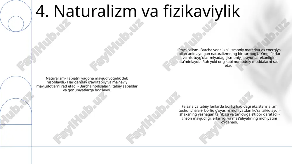 mavjudlik va yoʻqlik oʻrtasidagi munosabatni oʻrganadi. tabiy fan muxlislari: biologiya va fizika kabi fanlar materiya va energiyaning mavjudligi va tabiatini o'rganadi. borliqning mohiyatiga oid konsepsiyalari: ontologiya falsafiy fan boʻlib, borliq tabiatini oʻrganadi, borliqning mohiyati, xossalari va munosabatlarini tadqiq qiladi. 13. xulosa e'tiboringiz uchun rahmat @taqdimot_robot image1.png /docprops/thumbnail.jpeg