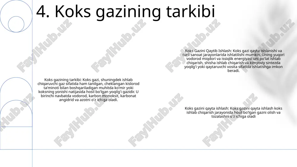 atbardosh bozor narxlarini va gazdan foydalanishning kompaniyaning umumiy moliyaviy sog'lig'iga ta'sirini baholang. investitsiyalar rentabelligini baholash: chiqindi koks gazini utilizatsiya qilish loyihasining investitsiya daromadini (roi) hisoblang. loyihaning iqtisodiy samaradorligi va kapitalning potentsial rentabelligini baholash uchun to'lov muddatini, sof joriy qiymatni (npv) va ichki rentabellik darajasini (irr) aniqlang. 12. iqtisodiy mulohazalar case study: orqaga ishga qaytish koks gazini, qozog'iston- case study qozog'istonning koks gazini viloyatida ishlashga qaytish dasturining muvaffaqiyatli amalga oshirilishini taqdim etadi.- dastur ishsiz aholi uchun barqaror ish bilan ta'minlash imkoniyatlarini yaratishga yordam berdi. ta'lim, ishga joylashtirish va qo'llab-quvvatlash xizmatlari eng yaxshi amaliyot: barqaror bandlik uchun mahalliy hamjamiyatlarning imkoniyatlarini kengaytirish - bu ilg'or amaliyot mahalliy hamjamiyatlarni ishga qaytish dasturlarini ishlab chiqish va amalga oshirishga jalb qilish muhimligini ta'kidlaydi.- mahalliy hamjamiyatlarning imkoniyatlarini kengaytirish orqali dasturlarni ishsizlarning o'ziga xos ehtiyojlariga moslashtirish mumkin o'rganilgan saboqlar: ishga qaytish dasturlariga yaxlit yondashuv - ishga qaytish dasturlariga yaxlit yondashuvni qo'llash muhimligini ta'kidlaydi. ko'nikmalarni o'rgatish, bolalarni parvarish qilish …