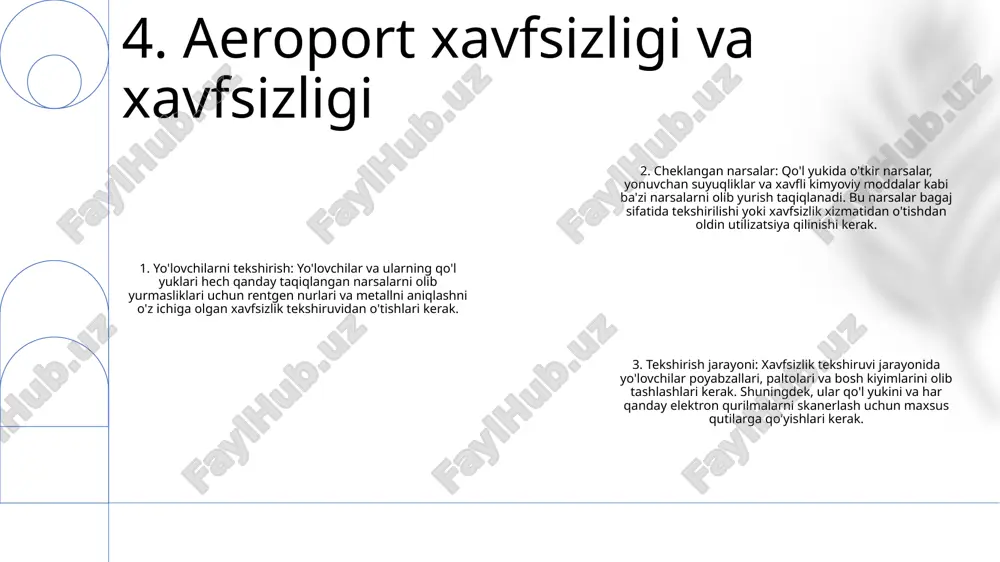 aqdim etadi. 11. xalqaro havo transporti markazlari oʻzbekiston aeroportlarining maksimal sigʻimi: toshkent xalqaro aeroporti soatiga 1200 nafargacha yoʻlovchiga xizmat koʻrsatishi mumkin, oʻzbekistondagi boshqa xalqaro aeroportlar esa soatiga 300 nafargacha yoʻlovchiga xizmat koʻrsatish imkoniyatiga ega. kengayish rejalari: o‘zbekiston kelgusi besh yil ichida aeroport infratuzilmasini kengaytirish uchun 1 milliard aqsh dollari miqdorida sarmoya kiritishni rejalashtirmoqda. “toshkent” xalqaro aeroportida yangi terminallar, uchish-qo‘nish yo‘laklari va boshqa ob’ektlarni qurish, shuningdek, mamlakatdagi boshqa aeroportlarni kengaytirish ham shular jumlasidandir. kelajakdagi sig'im: kengaytirish rejalari tugallangach, o'zbekiston aeroportlari yiliga 10 milliondan ortiq yo'lovchini o'tkazish imkoniyatiga ega bo'ladi. bu mamlakatda havo qatnoviga ortib borayotgan talabni qondirish va o‘zbekistonning iqtisodiy rivojlanishini qo‘llab-quvvatlashga xizmat qiladi. 12. aeroport sig'imi va kengayishi istiqbolli markaz: o‘zbekiston xalqaro aeroportlari havo qatnovini ko‘paytirish va iqtisodiy aloqalarni rivojlantirishga xizmat qilib, markaziy osiyodagi yirik tranzit markazlarga aylanishni maqsad qilgan. modernizatsiya va imkoniyatlarni kengaytirish: mavjud aeroportlarni modernizatsiya qilish va ularning sig‘imini kengaytirish, yo‘lovchilar qulayligi, samaradorlik va xavfsizlik standartlarini oshirish rejalari …