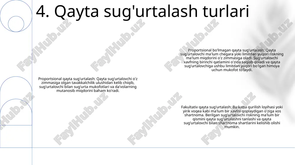 talovchilarni tabiiy ofatlar yoki boshqa yirik hodisalar natijasida yuzaga keladigan halokatli yo'qotishlardan himoya qiladi. qayta sug‘urtalash: qayta sug‘urtalash tamoyili; u tavakkalchilikning bir qismini bir sug'urtalovchidan boshqasiga o'tkazishni o'z ichiga oladi, birinchisiga uning katta yo'qotishlarga duchor bo'lishini cheklash imkonini beradi. qayta sug'urta qilish qobiliyati: sug'urtalovchilarning qayta sug'urtalash kelishuvlari orqali halokatli hodisalar xavfini o'zlashtirish va tarqatish qobiliyati. 11. falokatlarni qayta sug'urtalash asirga olingan sug'urtachilar: muayyan xavflarni qoplash uchun bitta bosh kompaniya yoki kompaniyalar guruhiga tegishli bo'lgan ixtisoslashgan sug'urta kompaniyalari. qayta sug‘urtalash: o‘zbek tilida “qayta sug‘urtalash” degan ma’noni anglatadi va sug‘urta kompaniyasining o‘z tavakkalchiligining bir qismini boshqa sug‘urta kompaniyasiga, ya’ni qayta sug‘urtalovchiga o‘tkazish amaliyotini bildiradi. o‘zbekistondagi asirlikdagi sug‘urtachilar: o‘zbekiston qonunchiligiga ko‘ra hozirda asirlikdagi sug‘urtachilarga ruxsat berilmagan, biroq ularning risklarni boshqarish va xarajatlarni tejash kabi potentsial afzalliklarini o‘rganishga qiziqish ortib bormoqda. 12. asirlangan sug'urtachilar insurtech integration: texnologiya muhim rol o'ynaydi, insurtech startaplari va tashkil etilgan kompaniyalar innovatsion qayta sug'urtalash echimlarini yaratishda hamkorlik qiladilar. iqlim …