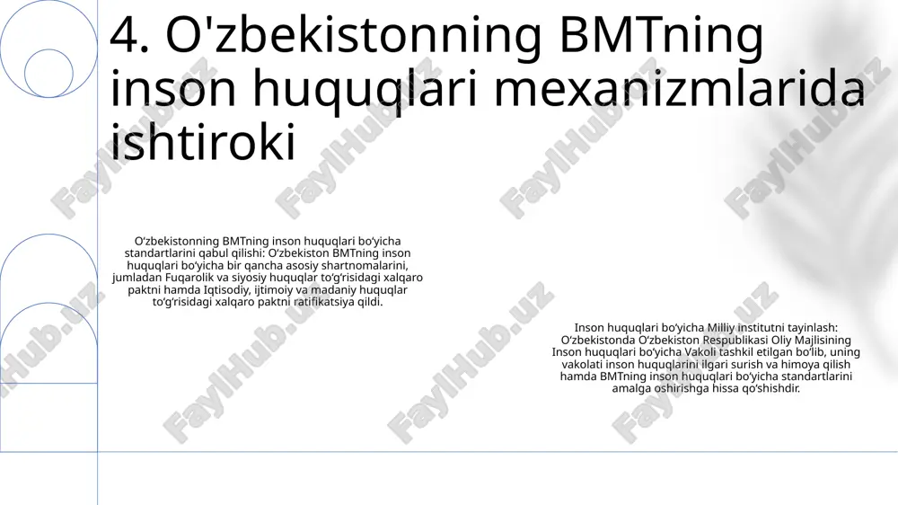 bekistonning bmt bilan hamkorligi yillar davomida chuqurlashib, kuzatuvchi maqomidan 1992 yilda toʻliq aʼzolikka oʻtdi. 2: oʻzbekiston bmt forumlarida faol ishtirok etib, turli tashabbus va rezolyutsiyalarga, jumladan, inson huquqlari, taraqqiyot va tinchlik oʻrnatishga oid tashabbuslarga oʻz hissasini qoʻshmoqda. 3: birlashgan millatlar tashkiloti oʻzbekistonning mintaqada barqarorlik va hamkorlikka koʻmaklashish, xususan, mojarolarni hal qilish va terrorizmga qarshi kurash yoʻnalishidagi saʼy-harakatlarini eʼtirof etadi. 11. xulosa: o‘zbekistonning bmt bilan hamkorligini mustahkamlash e'tiboringiz uchun rahmat @taqdimot_robot image1.png /docprops/thumbnail.jpeg