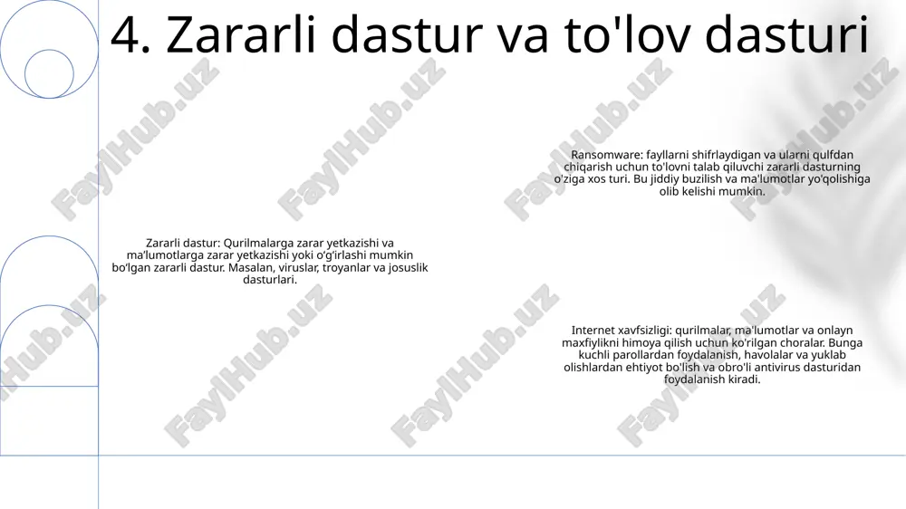 ni keltirib chiqaradi, jumladan zararli dasturlar, fishing va ma'lumotlar buzilishi. shifrlash nozik ma'lumotlarni shifrlash orqali ushbu tahdidlardan himoyalanishga yordam beradi, bu esa ularni ushlab qolish yoki o'g'irlash ehtimolini kamaytiradi. cheklovlar va qiyinchiliklar shifrlash ma'lumotlarni himoya qilish uchun muhim bo'lsa-da, u ham qiyinchiliklarni keltirib chiqaradi. kuchli shifrlash internet tezligini sekinlashtirishi mumkin va shifrlangan ma'lumotlarni dekodlash hisoblash qimmatga tushishi mumkin 12. shifrlashning roli potentsial tahdidlarni aniqlang: internetda firibgarlik, zararli dasturlar va ma'lumotlarga ruxsatsiz kirish kabi potentsial xavflarni kuzatib boring. xavfsizlik choralarini qo'llang: tizimlarni ruxsatsiz kirish va zararli dastur infektsiyalaridan himoya qilish uchun xavfsizlik devorlari, antivirus dasturlari va kuchli parollardan foydalaning. foydalanuvchilarni oʻrgatish: xodimlarni internet xavfsizligi boʻyicha eng yaxshi amaliyotlar, jumladan, shubhali faoliyatni aniqlash, fishing xatlaridan qochish va maxfiy maʼlumotlarni almashishda ehtiyot boʻlish boʻyicha oʻrgating. 13. oldini olish va yumshatish strategiyalari e'tiboringiz uchun rahmat @taqdimot_robot image1.png /docprops/thumbnail.jpeg