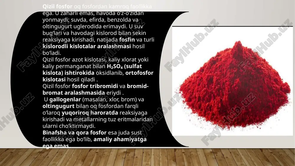 quyidagilarda eriydi: kuchli ishqorlar, ammiak eritmasi, ortiqcha fosfatlar. cho‘kma kislotalarda qisman eriydi, lekin ammoniy tuzlari ishtirokida deyarli erimaydi. bu reaksiya amaliy jihatdan muhim bo‘lib, suvda, minerallarda, tog‘ jinslarida fosforni aniqlash uchun ishlatiladi . ammiakli molibdat va ammiakli vanadat aralashmasi po₄³⁻ bilan reaksiyaga kirishib, fosfor-vanadiy-molibdenli geteropolikislota hosil qiladi. bu kislota to‘q sariq rangga ega bo‘lib, maksimal rang zichligi ph 2–3 oralig‘ida kuzatiladi. reaksiyaning sezuvchanligi – 5 mkg/ml po₄³⁻. reaksiyaga qaytaruvchi moddalar va sio₃²⁻ ionlari xalaqit beradi, lekin fosfat ionini boshqa ionlar ishtirokida aniqlash imkonini beradi. fosfor miqdorini aniqlashning kimyoviy usullari fosforni aniqlashning kimyoviy usullarining aksariyati po₄³⁻ ionining turli reagentlar bilan reaksiyalariga asoslangan. shu sababli, tahlil jarayonida fosforning past oksidlanish darajasidagi barcha birikmalari (masalan, ph₃, h₃po₃ va boshqalar) besh valentli fosfor saqlovchi birikmalargacha oksidlanishi kerak fosfor minerallar, rudalar va kontsentratlar tarkibida odatda ortofosfatlar ko‘rinishida bo‘ladi. bu materiallarni parchalash uchun oksidlovchi yoki oksidlovchi bo‘lmagan kislotalar ishlatilishi mumkin. metallar, qotishmalar va yarimo‘tkazgichli birikmalar tarkibida …