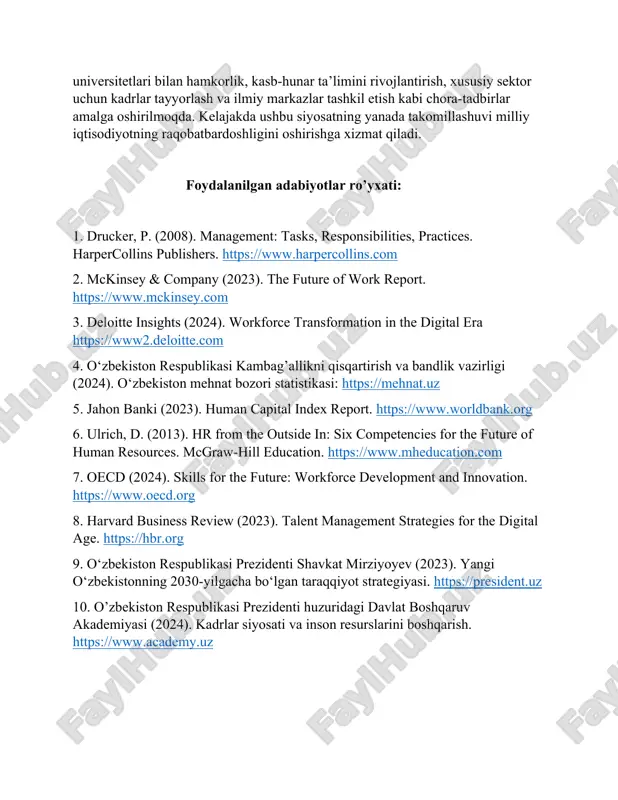 kiritilishi · tajribali kadrlarning yetishmovchiligi · ish beruvchilarning zamonaviy talablarga moslasha olmasligi · korrupsiya va nepotizm kabi muammolar imkoniyatlar (opportunities): tahdidlar (threats): · raqamli texnologiyalar va onlayn ta’lim rivoji · chet el investitsiyalarining ortishi · yangi iqtisodiy sektorlarning paydo bo‘lishi · intellektual migratsiya (brain drain) · raqobatbardosh bo‘lmagan ta’lim tizimi · ishsizlikning ortishi xulosa qilib aytganda, kadrlar siyosati davlat va tashkilotlarning muvaffaqiyatli rivojlanishi uchun muhim strategik omildir. sifatli kadrlar tayyorlash va ularni samarali boshqarish iqtisodiy o‘sish, innovatsion rivojlanish hamda barqarorlikni ta’minlaydi. o‘zbekistonda kadrlar siyosatini takomillashtirish uchun chet el universitetlari bilan hamkorlik, kasb-hunar ta’limini rivojlantirish, xususiy sektor uchun kadrlar tayyorlash va ilmiy markazlar tashkil etish kabi chora-tadbirlar amalga oshirilmoqda. kelajakda ushbu siyosatning yanada takomillashuvi milliy iqtisodiyotning raqobatbardoshligini oshirishga xizmat qiladi. foydalanilgan adabiyotlar ro’yxati: 1. drucker, p. (2008). management: tasks, responsibilities, practices. harpercollins publishers. https://www.harpercollins.com 2. mckinsey & company (2023). the future of work report. https://www.mckinsey.com 3. deloitte insights (2024). workforce transformation …