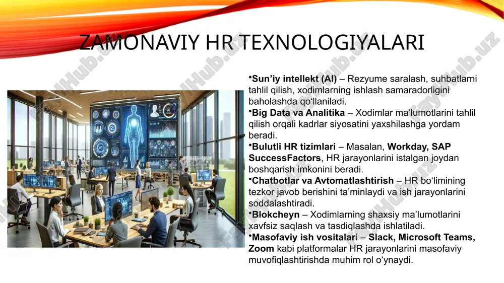 orligini kuzatish va baholash. ma’muriy ishlarni avtomatlashtirish – ish haqi hisob-kitoblari, ta’til va ish grafigi bilan bog‘liq jarayonlarni avtomatlashtirish. xodimlar uchun ta’lim va rivojlanish – smart-trening tizimlari individual o‘qitish dasturlarini ishlab chiqib, xodimlarning bilimlarini oshirishga yordam beradi. swot tahlili s – kuchli tomonlari (strengths) w – zaif tomonlari (weaknesses) ✅ xodimlarni jalb qilish va boshqarishni osonlashtirish ❌ xodimlarning texnologiyalarga moslashishida qiyinchiliklar ✅ ma’lumotlarga asoslangan qarorlar qabul qilish ❌ kibertahdidlar va ma’lumotlar xavfsizligi masalalari ✅ masofaviy va gibrid ish muhitiga moslashish ❌ yangi texnologiyalarni joriy etish uchun yuqori xarajatlar ✅ hr jarayonlarini avtomatlashtirish va samaradorlikni oshirish swot tahlili o – imkoniyatlar (opportunities) t – tahdidlar (threats) 🚀 hr analitikasi yordamida xodimlarning motivatsiyasini oshirish ⚠️ shaxsiy ma’lumotlarning buzilish xavfi 🚀 masofaviy ish imkoniyatlari orqali global talentlarni yollash ⚠️ texnologik yangiliklarga kechikib moslashish natijasida raqobatda ortda qolish 🚀 blokcheyn texnologiyasi bilan xodim ma’lumotlarini xavfsiz saqlash ⚠️ xodimlarning hr texnologiyalaridan noroziligi va moslashish qiyinchiliklari …