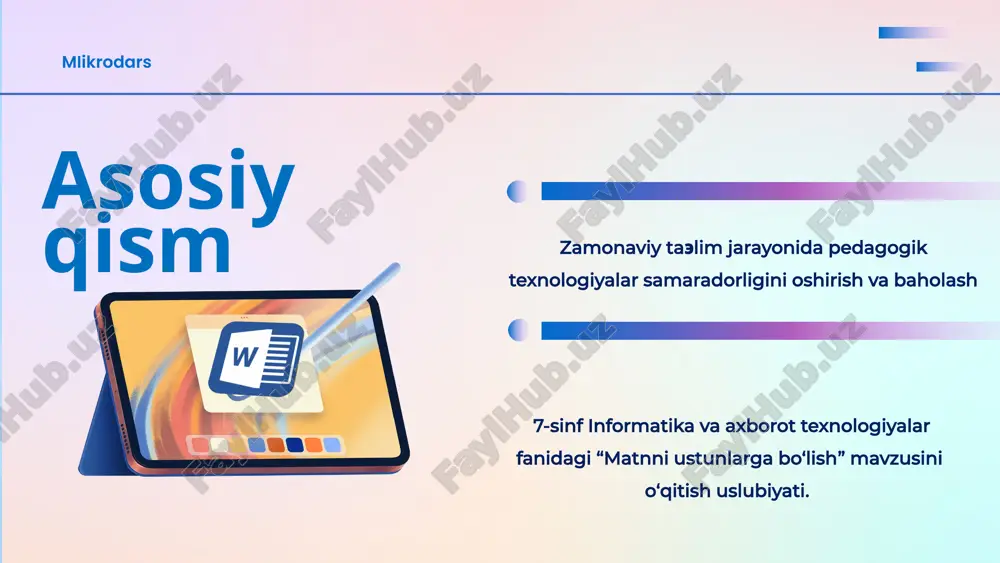 ni qay darajada o‘rganganligini aniqlash uchun interaktiv topshiriq tayyorlangan giperishora orqali https://learningapps.org/display?v=pjwf7ds0n25 x u l o s a microsoft word dasturida matnni ustunlarga bo‘lish mavzusini o‘qitishda zamonaviy pedagogik dasturiy vositalardan foydalanish ta’lim jarayonining samaradorligini oshirishga xizmat qiladi. interfaol ta’lim platformalari, multimedia texnologiyalari va raqamli vositalardan foydalanish o‘quvchilarning mavzuga bo‘lgan qiziqishini oshirib, ularning amaliy ko‘nikmalarini mustahkamlashga yordam beradi. bloknot, microsoft word, kabi matn muharrirlari dasturlari hamda onlayn vositalar orqali matnni tahrirlash va saqlash jarayonlari oson tushuntiriladi. tavsiyalar interfaol ta’lim platformalaridan foydalanish orqali o‘quvchilarni darsga jalb qilish, o‘rganish jarayonini qiziqarli qilish mumkin. o‘quvchilarga microsoft word dasturining vositalarini amaliy mashg‘ulotlar orqali o‘rgatish, ularning dasturiy ko‘nikmalarini oshirishga yordam beradi. darslarni yanada samarali tashkil etish uchun video darslar va interfaol testlar yordamida o‘quvchilarni mustaqil o‘rganishga undash mumkin. ushbu usullar orqali “matnni ustunlarga” mavzusi yanada samarali o‘qitilib, o‘quvchilarning nazariy va amaliy bilimlari mustahkamlanadi. image6.jpeg image7.png image8.png image9.png image42.svg image10.png image2.svg image11.jpeg image12.jpeg image13.png image14.png image15.jpeg image16.jpeg …
