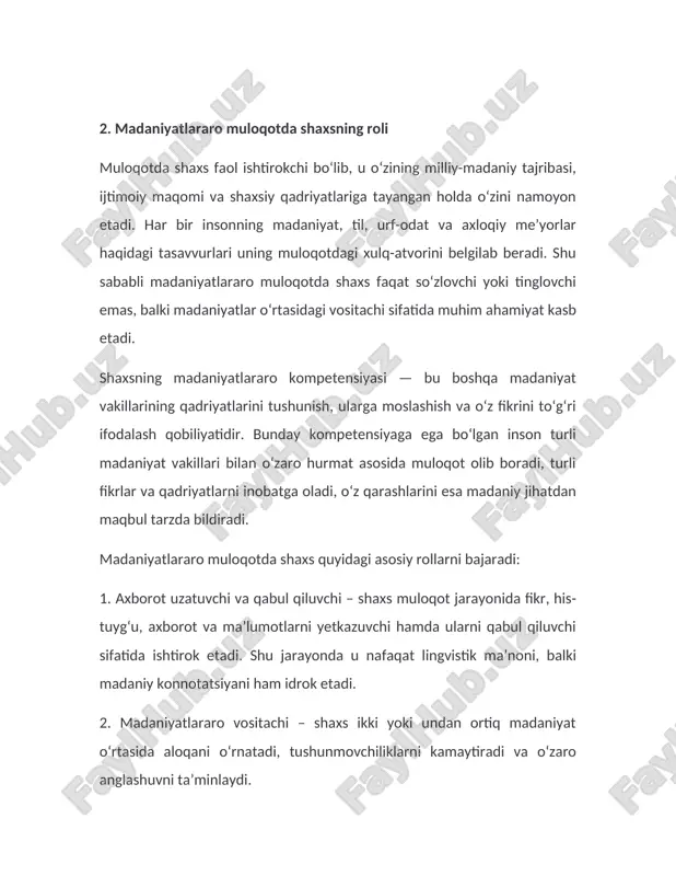 zim” deb ataydi va u madaniyatning ijtimoiy struktura, qadriyatlar va me’yorlar orqali shakllanishini ta’kidlaydi. shu nuqtai nazardan, madaniyatlararo muloqot insonlarning turli ijtimoiy-madaniy tajribalari to‘qnashgan maydon sifatida qaraladi. muloqotda shaxs faol ishtirokchi bo‘lib, u o‘zining milliy-madaniy tajribasi, ijtimoiy maqomi va shaxsiy qadriyatlariga tayangan holda o‘zini namoyon etadi. har bir inson o‘z madaniyatining vakili sifatida kommunikativ jarayonda ishtirok etadi, shu sababli uning dunyoqarashi, nutq uslubi va xulq-atvori o‘sha madaniy muhit ta’sirida shakllanadi. shaxsning madaniyatlararo kompetensiyasi — bu boshqa madaniyat vakillarining qadriyatlarini tushunish, ularga moslashish va o‘z fikrini to‘g‘ri ifodalash qobiliyatidir. bunday kompetensiya muloqot jarayonida muammolarni kamaytiradi, noto‘g‘ri talqinlarni oldini oladi va o‘zaro ishonchni mustahkamlaydi. madaniyatlararo muloqotda shaxs bir vaqtning o‘zida bir necha rollarni bajaradi: axborot uzatuvchi va qabul qiluvchi, madaniyatlararo vositachi, moslashuvchi subyekt hamda tushunish ko‘prigi sifatida. bu rollarning samarali bajarilishi uchun shaxsda madaniy sezgirlik, empatiya, ochiqlik va ijtimoiy moslashuvchanlik bo‘lishi zarur. har bir madaniyat o‘zining axloqiy va muloqot me’yorlariga ega bo‘lgani …