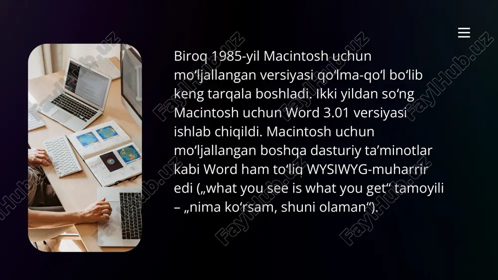 tish ctrl + f6, yoki alt + f6 - boshqa aktiv dokument oynasiga oʻtish ctrl + shift + f6 - xamma aktiv dokument oynalarini koʻrish shift + strelka - guruxga olish (belgilarga tegishli) ctrl + shift + strelka - guruxga olish (suzlarga tegishli) shift + home yoki end - satr boshigacha yoki oxirigacha guruxga olish ctrl + shift + home yoki end - dokumetnt boshigacha yoki oxirigacha guruxga olish e’tiboringiz uchun raxmat image1.jpeg image2.jpeg image3.png image4.svg image5.jpeg image6.jpeg image7.jpeg image8.jpeg image9.jpeg image10.jpeg image11.jpeg image12.jpeg image13.jpeg image14.jpeg image15.jpeg image16.jpeg image17.jpeg image18.jpeg image19.png image20.svg /docprops/thumbnail.jpeg
