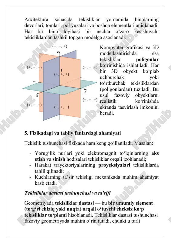 oylashtirishda dastalar yordam beradi. 5. amaliy qo‘llanilishi tekisliklar dastasi tushunchasi: · chizma geometriyada proyeksiya tekisliklari tizimini qurishda, · 3d modellashtirishda sirtlarni hosil qilishda, · fizikada to‘lqinlar yoki kuch maydonlarining yo‘nalishlarini tahlil qilishda, · muhandislikda kesim va qirqimlarni hosil qilishda keng qo‘llaniladi. image1.png image2.png image3.jpeg cnx_calc_figure_12_04_002