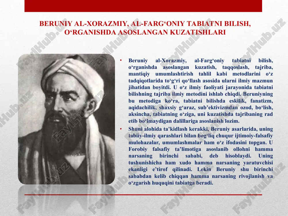axminan 1005 yildan boshlab xorazmning markazi ko’hna urganchdagi ilmiy muassasa ( “ aqademiya”) da abu ali ibn sino , faylasuf abu sahl masahiy, abu nasr ibn iroq, mashxur xakm va tarjimon abul hammor va boshqa olimlar bilan birga 7 yil ilmiy tadqiqotchilik va raxbarlik lavozimlarida hizmat qilib, iln axllarining zo’r xurmatiga sazovor bo’ladi. u 17 yoshida ilk astronomik kuzatishlarni o‘tkazadi. u 150 dan ortiq ilmiy asarlar yozadi. buyuk bobokalonimiz 1048 yil 13 dekabrda g’aznada vafot etgan. «berun» yoki «birun» so‘zi «tashqari» degan ma’noni anglatadi. ma'lumotlarda yozilishicha uning 152 ta kitobining nomi na'lum. bizgacha ulardan 27 tasigina yetib kelgan. uning bir qancha kitobi tabiiyot ilmiga bag'ishlangan. bu sohaning rivojlanishida beruniyning tabiiyot va tabiat hodisalarini o'rganish usullari , harakat, tovush, issiqlik,yorug'lik, elektr, magnetizm, atmosferadagi hodisalar, modda tuzilishi haqidagi ijodiy ishlari katta ahamiyatga ega bo'ladi. beruniyning o'sha davrda yaratgan kashfiyotlaridan biri - globus ixtiro etganligidir. . asarlari: «qadimgi xalqlardan qolgan yodgorliklar» (taqvim va …