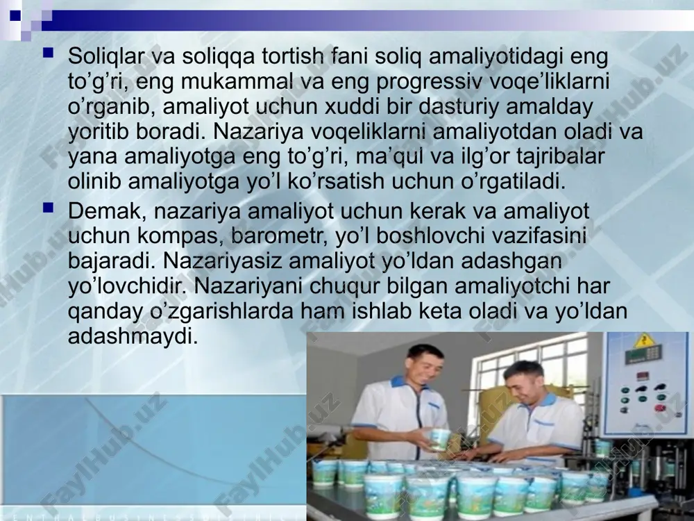 n muammolarni yechishga harakat qilishgan. umumdavlat soliqlari har yili qonuniy tartibda belgilanadigan normativlar bo'yicha tegishli byudjetlar o'rtasida taqsimlanadi. o'zbekiston respublikasi soliq kodeksining 7 moddasiga muvofiq mahalliy soliqlar va yigimlarga quyidagilar kiradi: 1) mol-mulk soligi; 2) yer soligi; 3) infratuzilmani rivojlantirish soligi; 4) jismoniy shaxslardan transport vositalariga benzin, dizel yoqilgisi va gaz ishlatganlik uchun olinadigan soliq; 5) savdo-sotiq qilish huquqi uchun yigim, shu jumladan ayrim turlardagi tovarlarni sotish huquqini beruvchi litsenziya yigimlari; 6) yuridik shaxslarni, shuningdek tadbirkorlik faoliyati bilan shugullanuvchi jismoniy shaxslarni ro'yxatga olganlik uchun yigim. davlat soliqlarning ayrim turlarini bekor qilish, yangilarini joriy etish, soliq stavkalari va imtiyozlarini, soliq solish shart-sharoitlarini o`zgartirish orqali muayyan tarmoqlar va ishlab chiqarishlarni jadal rivojlantirish, jamiyat uchun dolzarb muammolarni hal etishga imkoniyatlar yaratadi. masalan, kichik biznes va xususiy tadbirkorlik, fermer xo`jaliklarini rivojlanishini qo`llab-quvvatlash, mahalliy xom ashyodan iste’mol tovarlari va eksportbop mahsulot ishlab chiqarishni rag`batlantirish uchun bir qancha soliq imtiyozlari berilgan. asosiy vositalarga jadallashtirilgan amortizatsiyani qo`llash …