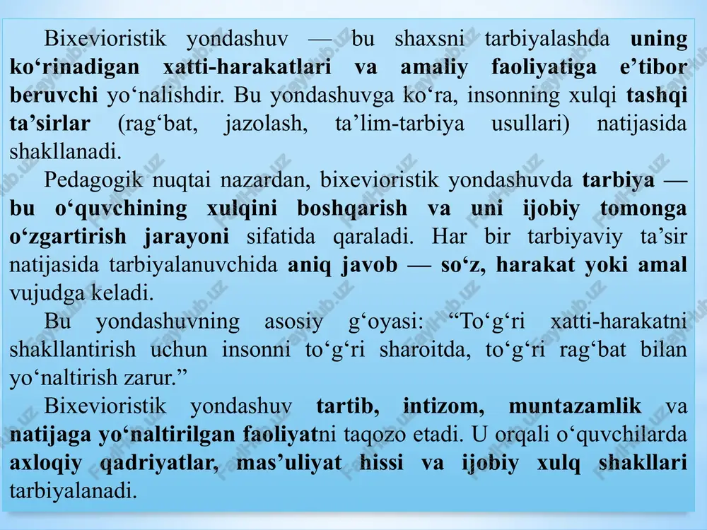 tlash effekti”) keltirib chiqarishi mumkin. “bifurkatsiya nuqtasi” bu — tanlov yoki burilish nuqtasi, ya’ni shaxs hayotida qadriyatlar o‘zgaradigan muhim lahza. shu nuqtada kichik bir pedagogik ta’sir ham o‘quvchining dunyoqarashini o‘zgartirishi mumkin xususiyatlari: tarbiya — murakkab, o‘zgaruvchan tizim sifatida ko‘riladi. tarbiyachi va tarbiyalanuvchi o‘zaro hamkorlikda rivojlanadi. shaxs o‘zgarishi ichki potensial va faollikka asoslanadi. tasodifiy holatlar ham tarbiyaviy ahamiyatga ega bo‘lishi mumkin. tarbiya jarayonida tanlov, o‘zini anglash, mustaqil qaror qabul qilish muhim o‘rin tutadi. bu yondashuv tarbiyada shaxsning ichki kuchini, mustaqil fikrlashini va hayotiy tajribasini rivojlantirishni qo‘llab-quvvatlaydi. pedagog uchun esa — har bir o‘quvchining tabiiy harakati va o‘zgarishlariga moslashish zarurligini anglatadi. masalan: ustozning bir so‘zi, kichik rag‘bat yoki hayotiy misol o‘quvchida yangi yo‘l ochib beradi. ahamiyati: 4.germenevtik yondashuv mohiyati: germenevtik yondashuv — bu inson tajribalari, kechinmalari va hayotiy olamini tushunish hamda talqin qilishga asoslangan falsafiy qarashdir. “germenevtika” — tushunish va izohlash san’ati, ya’ni inson ichki dunyosini, his-tuyg‘ularini anglashga qaratilgan fan. tarbiya bu …