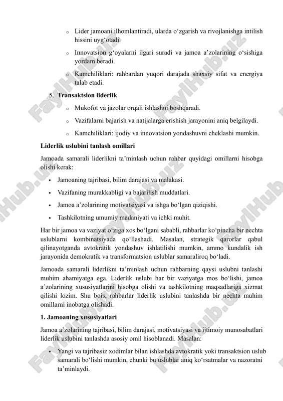 im ahamiyatga ega. liderlik uslubi har bir vaziyatga mos bo‘lishi, jamoa a’zolarining xususiyatlarini hisobga olishi va tashkilotning maqsadlariga xizmat qilishi lozim. shu bois, rahbarlar liderlik uslubini tanlashda bir nechta muhim omillarni inobatga olishadi. 1. jamoaning xususiyatlari jamoa a’zolarining tajribasi, bilim darajasi, motivatsiyasi va ijtimoiy munosabatlari liderlik uslubini tanlashda asosiy omil hisoblanadi. masalan: · yangi va tajribasiz xodimlar bilan ishlashda avtokratik yoki transaktsion uslub samarali bo‘lishi mumkin, chunki bu uslublar aniq ko‘rsatmalar va nazoratni ta’minlaydi. · tajribali va mustaqil ishlay oladigan jamoalarda demokratik yoki transformatsion uslub qo‘llash maqsadga muvofiqdir, chunki ular ijodiy fikrlarni rivojlantirish va jamoani ilhomlantirish imkonini beradi. 2. vazifaning murakkabligi va turi vazifa tabiati va murakkabligi ham rahbarning uslubini belgilashda muhimdir: · oddiy, standart va texnik ishlar uchun qat’iy nazorat va aniq ko‘rsatmalar talab qiluvchi avtokratik uslub samarali bo‘ladi. · murakkab, innovatsion va ijodiy yondashuv talab qiladigan vazifalarda demokratik yoki transformatsion liderlik ko‘proq natija beradi. 3. tashkilotning madaniyati va …