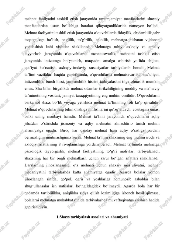 o`sib rivojlanishi katta ahamiyatga ega.yosh bola bir yoki ikki yosh paytidan unga tarbiya berish boshlanadi.yetti yoki sakkiz yosh paytidan esa uning yoniga ta`lim ham qo`shiladi.har ikkalasi yilllar davomida teng ravishda berib boriladi.bilmagan narsalari tushuntirilib, qiziqishlariga asoslanib unga kasb yoki hunarga yo`naltirish beriladi. shu paytdan boshlab bola o`z kelajagiga birinchi qadamni tashlaydi.endi u omma ichida o`zini qanday tutishlar va qanday rivojlanishlar haqida fikr yurita boshlaydi.agar bolani yosh paytidan odamlar ichida ko`proq olib yurilsa u tez ijtimoiy aloqaga kirishishi oson boladi va u kata shaxs bo`lib yetishadi. shaxs tushunchasi insonga taalluqli bo‘lib, psixologik jihatdan taraqqiy etgan, shaxsiy xususiyatlari va xatti-harakatlari bilan boshqalardan ajralib turuvchi, muayyan xulq-atvor va dunyoqarashga ega bo‘lgan jamiyatning a’zosini ifodalashga xizmat qiladi.odam shaxs bo‘lishi uchun psixik jihatdan rivojlanishi, o‘zini yaxlit inson sifatida his etishi, o‘z xususiyatlari va sifatlari bilan boshqalardan farq qilmog‘i kerak.kadrlar tayyorlash milliy modelida shaxs kadrlar tayyorlash tizimining bosh subyekti va obyekti, ta’lim sohasidagi xizmatlarining iste’molchisi va …