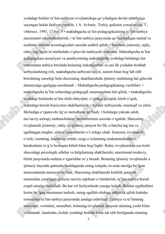 lar va belgilarning shakllanishi, emotsional-irodaviy, bilish jarayonida muhim o‘zgarishlar ro‘y beradi. bolaning ijtimoiy rivojlanishi u ijtimoiy hayotda qatnasha boshlaganda uning xulqida, tevarak-atrofga bo‘lgan munosabatida namoyon bo‘ladi. shaxsning shakllanishi kishilik jamiyati tomonidan yaratilgan ijtimoiy-tarixiy tajribani o‘zlashtirish, ta’lim-tarbiya berish orqali amalga oshiriladi. bu har xil faoliyatlarda yuzaga keladi. bolalar egallashlari lozim bo‘lgan mazmunni tanlash, uning egallab olishiga rahbarlik qilish kattalar tomonidan ta’lim-tarbiya jarayonida amalga oshiriladi. tarbiya va ta’limning mazmuni, vositalari, metodlari, bolaning rivojlanish jarayoni ulaming yoshi bilan izohlanadi. jumladan, kichik yoshdagi bolalar bilan ish olib borilganda ulaming mustaqil hayotga butunlay moslashmaganligi hisobga olinadi. keyingi yosh guruhlarida maktabgacha yoshdagi bolaning mustaqilligi, moslashishi ancha oshib boradi. shunga muvofiq tarzda ta’lim-tarbiyaviy ishlarning vazifalari, mazmuni, vositalari o‘zgaradi. bolalaming maktabgacha yoshning oxiriga borib erishgan rivojlanish darajasi ular bilan olib boriladigan ta’lim-tarbiya ishini murakkablashtirish imkonini beradi. ijtimoiy-tarixiy tajribani o‘zlashtirish faol ish jarayonida yuz beradi. faollik bolaga xos xususiyatdir. tarbiya jarayonidagi faollik asosida faoliyatning har xil turlari shakllanadi. ulardan …