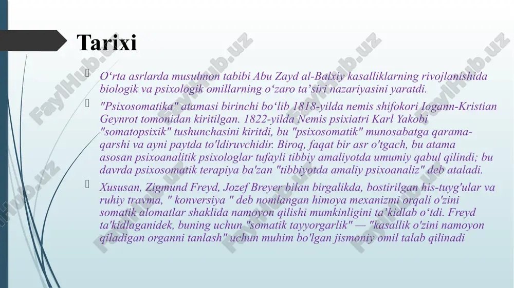 qara-tiladi. bu barcha davolash choralari ichida yordamchi tadbir hisoblanadi. xususiy psixologiyaning tushuntirish, suhbat oʻtkazish, ishontirish (bedorlik va gipnoz holatlarida), oʻz-oʻzini ishontirish (autogen mashq) va boshqa xillari bor. psixologiyada asosiy qurol soʻz hisoblanadi. soʻzning qudrati, uning shifobaxsh taʼsiri qadim zamonlardan maʼlum. i. p. pavlov soʻzning oliy nerv faoliya-tida qudratli qoʻzgʻatuvchi taʼsir ekanini ilmiy jihatdan asoslab berdi. gipnoz vaqtida psixoterapevtning soʻzi bosh miya poʻstloq qismining maʼlum bir yerida kuchli qoʻzgʻalish oʻchogʻini vujudga keltiradi va bu turlicha ifodalangan tormozlanish holatiga olib keladi. bemor bilan vrach oʻrtasida olib boriladigan tushuntirish suhbati psixologiyaning yetakchi usuli boʻlib u toʻgʻri olib borilganda har qanday bemor ham tinchlanadi, ham dardi yengillashadi. ishontirish usuli eng keng tarqalgan. muhimi bemorni ishontirish, suhbat oqilona va mulohaza bilan olib borilishi lozim. tushuntirish va ishontirish, odatda, birgalikda olib boriladi. bunda vrach bilan bemor oʻrtasida oʻrnatilgan munosabat muhim oʻrin tutadi. taʼsir qilish va oʻz-oʻziga taʼsir etish psixologiyaning muhim usullaridan hisoblanadi. bedorlik holatida taʼsir etishdan …
