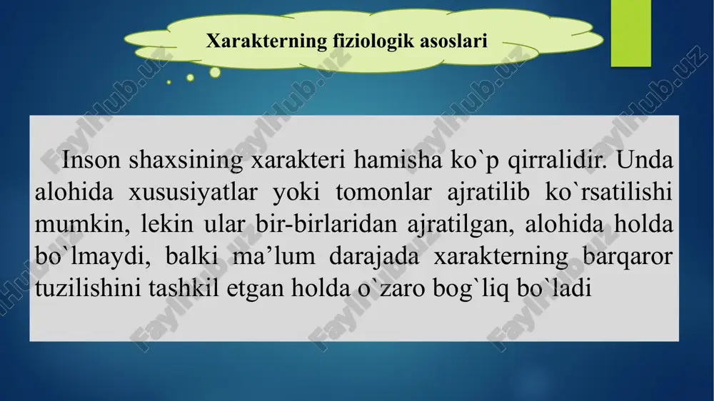 ma’lum yoshdan boshlab o`z xarakteri va uning ayrim sifatlari uchun javobgar hamdir. shu bilan bir vaqtda kishi o`z xarakterida salbiy tomonlarni o`zi tan olishi, kamchiliklarni o`zi tarbiyalashi lozim. o`z xarakterini tarbiyalashda kishi avvalo yaxshi fazilatlarni, yaxshi idealini o`zida tarbiyalashi kerak. o’z xarakteringizni bilib oling!!! eski sandiqni ochish uchun qaysi kalitni tanlagan bo’lardingiz? o’z balandligingizni tanlang va o’zingiz haqida bilib qiziqarli ma’lumotlarni bilib oling o’zingiz yoqtirgan gulni tanlang. 1 2 25 image6.jpeg image7.jpeg image8.jpeg image9.png image10.jpeg image11.jpeg image12.png image13.png image14.png image15.png image16.png image17.png image18.png image19.png image2.png image3.png image4.png image5.png