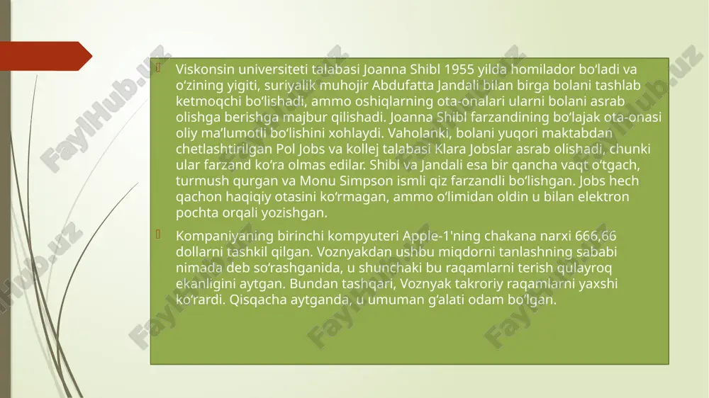 asida muxandis sifatida ish boshlaydi. ko’p o’tmay voznyak o’zining birinchi shaxsiy kompyuterini ixtiro qilishga muvaffaq bo’ldi. 1975yili u o’z ixtirosini avvaliga hp raxbariyatiga so’ngra jobs ishlayotgan atari kompaniyasiga taklif qildi. afsufsiski ikkala kompaniya ham voznyakning goyasini rad etdi. shunda tushkunlikka tushgan ikki do’st o’zlarining kompaniyasini ochishi kerakligini tushunib yetdi. 1976yili ikki do’st jobsning garajida yangi apple computers nomli kompaniyaga asos solishdi. avvaliga ular voznyakning ixtirosini yaxshilab uni apple1 deb nomlaydi va do’konlarga sota boshlashdi . osha vaqtlarda kompyuterlar faqt kompyuter ishqibozlari uchun yigib berilardi. apple 1 esa barcha insonlar foydalanishi uchun qulay bo’lib uni shunchaki televizorga ulash kerak bo’lgan. bunday ajoyib goya kompaniyaga 1300$ foyda keltiradi. o’zining ilk muvvaffaqiyatini xis etgan kichik kopaniya uchun endi investorlar kerak edi. tinimsiz harakatlar evaziga jobs ranald vaine ismli insonni topishga muvaffaq bo’di . u kompaniyani tashkil etish uchun 92000$ naxt pul va 250000$ kredit liniyasini ochib berdi. 1977 yili kompaniya o’zining apple 2 …