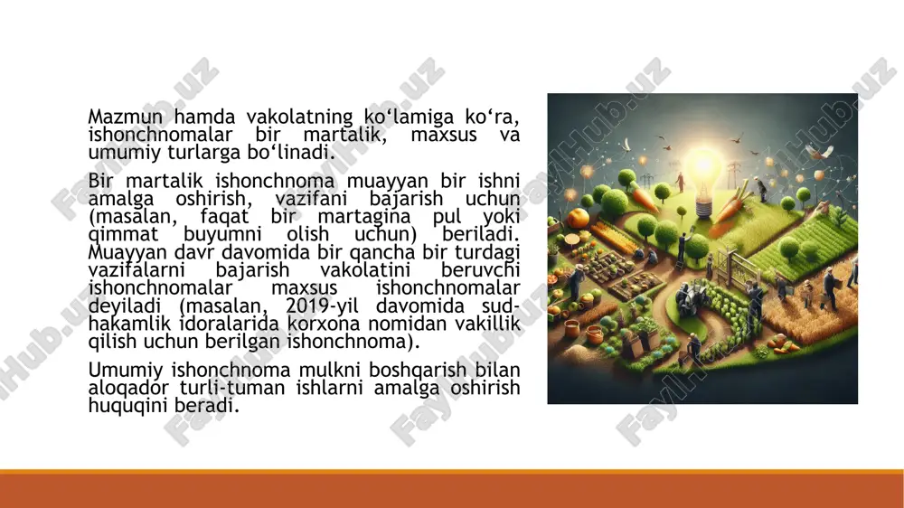 bildan foydalanish, merosga haqdorlik huquqi haqidagi guvohnoma olish kabilar) amalga oshirish uchun yozilgan ishonchnomalar kiradi. shaharchalar, qishloqlar va ovullar fuqarolar yig‘inlarining raislari (oqsoqollari) tomonidan notarial rasmiylashtirilayotgan hujjatlarga o‘zbekiston respublikasi davlat gerbi aks ettirilgan, shaharchalar, qishloqlar va ovullar fuqarolar yig‘inlarining nomlari qayd etilgan muhr qo‘yiladi. notarial ishonchnomalarning oddiylaridan yana bir farqi shundaki, ularda hujjat nomidan keyin uning tuzilgan joyi va sanasi ko‘rsatiladi. rasmiy (xizmat sohasidagi) ishonchnoma namunasi maxsus ishonchnoma namunalari maxsus bosma ish qog‘ozlarida rasmiylashtiriladigan xizmat ishonchnomalariga namuna keltirilmadi, chunki bunday ishonchnomani to‘ldirish, bosma ish qog‘ozlari to‘la o‘zbekchalashtirilgach, hech qanday qiyinchilik tug‘dirmaydi. shaxsiy ishonchnoma namunalari ishonchnomalar, ilovalarda keltirilganidek, oddiy yozma shaklda yoki notarial shaklda rasmiylashtiriladi. notarial shaklni talab qiluvchi bitimlarni tuzish yoxud yuridik shaxslarga nisbatan harakatlarni amalga oshirish uchun berilgan ishonchnoma notarial tasdiqlangan bo‘lishi kerak. hozirgi kunda xizmat sohasidagi rasmiy ishonchnomalarga maxsus tartib raqami ham qo‘yib berilmoqda. bunday ishonch nomalar matnida ishonchnoma berilgan shaxsning pasport seriyasi va raqami ham keltirilmoqda. ishonchnomaning …