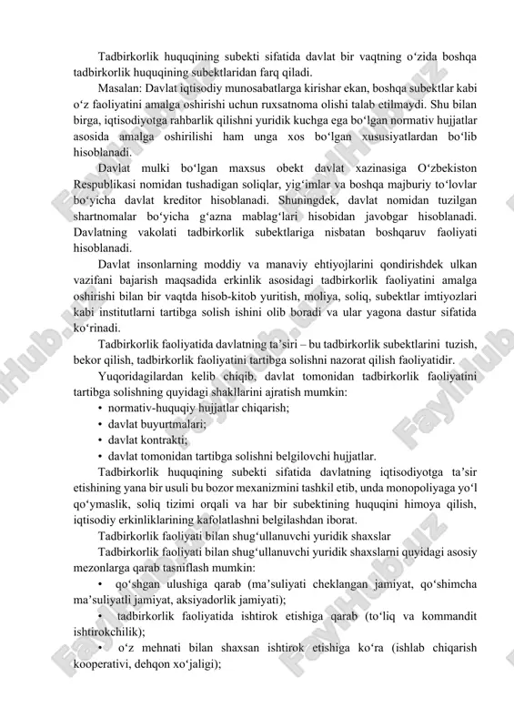 rda tutilgan boʻlmasa, bunday holda er(xotin)ning roziligi talab qilinadi. bunday rozilik notarial tasdiqlangan boʻlib, qaysi mol-mulkdan foydalanishga kelishilgan boʻlsa, ushbu mol-mulkka tegishli maʼlumotlar qayd etilishi lozim. yuridik shaxs tashkil etmasdan tadbirkorlik faoliyatini amalga oshirish tadbirkorlikning er-xotinning umumiy mol-mulki negizida ular tomonidan amalga oshiriladigan oilaviy tadbirkorlik turida (ish muomalalarida) er-xotin nomidan erning yoki xotinning roziligi bilan ulardan biri ishtirok etadi, bu rozilik yakka tartibdagi tadbirkor roʻyxatdan oʻtkazilayotganda tasdiqlanishi lozim. oilaviy tadbirkorlikda er-xotinning umumiy birgalikdagi mol-mulkidan foydalanishda qonun oilaning voyaga yetgan boshqa aʼzolarining manfaatlarini inobatga olgan, xususan, agar tadbirkorlik faoliyati obekti sifatida uy-joydan foydalanish bilan bogʻliq oilaviy tadbirkorlik amalga oshirilayotganda uy-joy mulkdorlaridan birining ish muomalalariga kirishishi oilaning voyaga yetgan boshqa azolarining notarial tasdiqlangan roziligi boʻlgan taqdirda amalga oshiriladi. yakka tartibdagi tadbirkorlik va oilaviy tadbirkorlik faoliyatining negizi, mulkning shakllanish holati bir-biridan farq qiladi. yakka tartibdagi tadbirkor mulk huquqi asosida faqat oʻziga tegishli boʻlgan mol-mulk negizida, shuningdek mol-mulkka egalik qilish va (yoki) undan foydalanishga …
