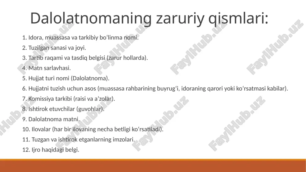 oliyaviy va boshqa sifat ko‘rsatkichlari (daromad, samaradorlik, sarf-xarajat miqdori va b.), shartnomalarning bajarilishi haqidagi ma’lumotlar, kadrlar bilan to‘ldirish, mehnatga haq to‘lash fondidan foydalanish, hisob bo‘limidagi ishlar ahvoli, ish yuritish va arxivning ahvoli va boshqalar. bosh yoki katta hisobchi almashuvida – asosan, hisob bo‘limi faoliyati atroflicha qamrab olinadi; kadrlar bo‘limi boshlig‘i almashuvida esa, asosan, xodimlar ish faoliyati bilan bog‘liq va kadrlar bo‘limida saqlanuvchi barcha hujjatlarning umumiy ahvoli o‘rganiladi. ishni topshirish-qabul qilish dalolatnomalarining zaruriy qismlari yuqorida ko‘rsatilganidan deyarli farq qilmaydi. uning «imzolar» qismida komissiya a’zolari, ishtirokchilar bilan birga ishni topshiruvchining hamda qabul qiluvchining imzolari ham bo‘ladi. kadrlar bo‘yicha nozirning ishni topshirishi haqida tuziladigan dalolatnoma namunasini keltiramiz: moliyaviy-xo‘jalik faoliyatini taftish etish dalolatnomasi, odatda, taftish o‘tkazgan bir shaxs (taftishchi, nazoratchi) tomonidan tuziladi. bunday dalolatnomalarning zaruriy qismlari yuqorida tavsiflangan umumiy tusdagi dalolatnomalarnikidan deyarli farq qilmaydi. bunda tuzuvchi va ishtirokchilardan tashqari, faoliyati tekshirilgan shaxslar ham dalolatnomaga imzo qo‘yadi. dalolatnomada mazmunni bayon qilish uslubida keskin iboralarni qo‘llamaslik …