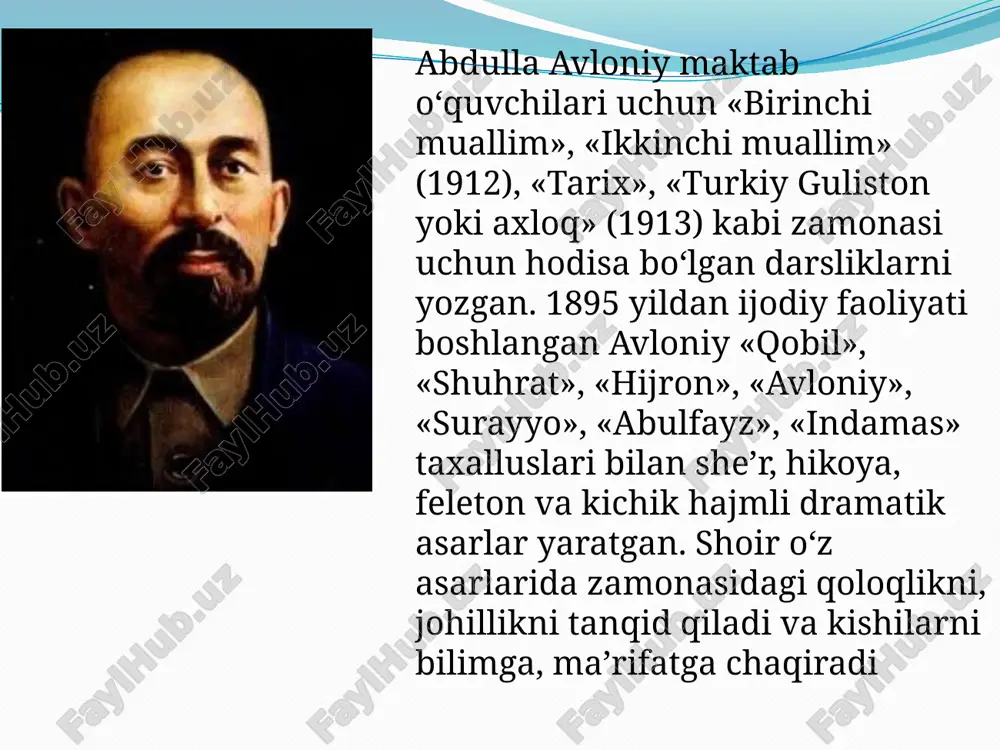 lar tarbiyasiga ko’p jihatdan bog’liq, deb ta’kidlaydi adib. tarbiya zurriyot dunyoga kelgandan boshlanib, umrning oxiriga qadar davom etadi. u bir qancha bosqichdan – uy, bog’cha, maktab va jamoatchilik tarbiyasidan iborat bo’ladi. avloniy tarbiyaning doirasini keng ma’noda tushunadi. uni birgina axloq bilan chegaralab qo’ymaydi. . jamiyatdagi axloqning yuksaklik darajasini, fuqarolarning axloqiy saviyasini aks ettiruvchi tushuncha. u shaxsning jamiyatdagi asosiy axloq meʼyorlarini egallashi va oʻzgalar bilan shu asosda munosabatda boʻlishi, oʻzini axloqiy tomondan muntazam takomillashtirib borishi singari jihatlarni oʻz ichiga oladi. axloqiy aqidalarning eng muhim omillaridan biri – muomala odobi. insonlar bir-biri bilan hamkorlik qilmasdan, oʻzaro tajriba almashmasdan, oʻzaro taʼsir koʻrsatmasdan yashashi mumkin emas. binobarin, muloqot, muomala inson uchun asosiy ehtiyoj, zarurat. muomala odobi oʻzgalar qadr-qimmatini, hurmatini joyiga qoʻyishni, anʼanaviy axloqiy-meʼyoriy talablarni bajarishni taqozo etadi . muomala odobida kishining koʻz-qarashi, nigohi, soʻzsiz (noverbal) harakatlari ham muhim rol oʻynaydi. maʼlumki, odamning qarashida, yuz ifodasida, qoʻl harakatlarida uning soʻzga aylanmagan hissiyoti, talablari oʻz aksini …