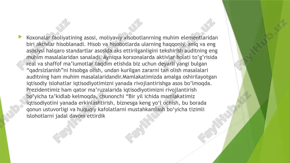 lar ro’yxati: 1. hami amiraslani, george e. iatridis, peter f. pope accounting for asset impairment: a test for ifrs compliance across europe. 2. tim koller, marc goedhart, david wessels valuation: measuring and managing the value of companiyes, 7th edition. 3. toye adeladja accounting for depreciation of non-current assets and bookkeeping: depreciation, impairment and revaluation of non-current assets/ 4. m.b.uxajova/ spravedlivaya stoimost i ee ispolzovanie v buxgalterskom uchete: sostoyanie i perspektivi/avtoreferat, 5. a.m.maryasin/metodologiya priznaniya ubitkov ot obesseneniya nefinansovix aktivov/finansoviy jurnal / financial journal №6 2018. 6. po'latov m. nomoddiy aktivlarning hisobi va auditini takomillashtirish masalalari. i.f.n. ilmiy darajasini olish uchun yozilgan dissertatsiya ishi. toshkent 2006 y. 7. shirinov, u. a. (2021). improvement of methodology of auditoral assessment of segmentary accounting and reporting reality in committees providing communication services. ekonomika i sotsium, (5-2), 642-647. 8. shirinov, u. a., & narzullaev, n. a. (2022). moliyaviy majburiyatlar auditini takomillashtirish. ekonomika i sotsium, (6-2 (97)), …