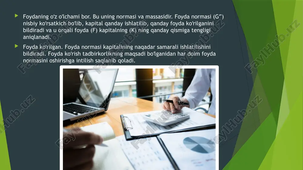 isollar keltiring. foyda yoki zarar to‘g‘risidagi hisobot bilan boshqa umumlashgan daromad to‘g‘risidagi hisobot o‘rtasidagi farq nimada? hisobotda soliqlar qanday aks ettiriladi va u yakuniy sof foydaga qanday ta’sir qiladi? foyda yoki zarar to‘g‘risidagi hisobotning asosiy ko‘rsatkichlari qaysilar va ular qanday tahlil qilinadi? testlar 1. foyda yoki zarar to‘g‘risidagi hisobotning asosiy vazifasi nimadan iborat? a) korxona aktivlarini baholash b) korxonaning moliyaviy natijalarini ko‘rsatish c) naqd pul oqimlarini tahlil qilish d) soliqqa tortish bazasini aniqlash 2. quyidagilardan qaysi biri “boshqa umumlashgan daromad”ga kiradi? a) sotilgan mahsulotdan olingan daromad b) asosiy vositalarni qayta baholashdan olingan foyda c) tovarlar tannarxi d) ma’muriy xarajatlar 3. foyda yoki zarar hisobotida sof foyda qanday aniqlanadi? a) umumiy daromad – aktivlar qiymati b) daromad – xarajatlar c) daromad + xarajatlar d) daromad – soliqlar 4. “foyda yoki zarar va boshqa umumlashgan daromad to‘g‘risidagi hisobot” qaysi xalqaro standartga muvofiq tuziladi? a) msfo (ias) 1 b) msfo (ias) 2 c) …