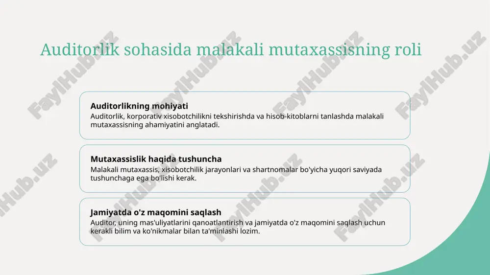 tahlili - tanlov jarayonida tahlil qilish, nomzodlarni baholashda muhim ahamiyatga ega. nomzodlarni tekshirish, ma'lumotlarni tekshirish va ma'lumotlarini muhokama qilish jarayonlari ustida tafsilotlar. 2 intervyulash usullari - intervyulashning muhimligi va nomzodlarni tekshirishda qo'llaniladigan turli usullar haqida tushuncha. intervyulashning tuzilishi, turli turlari va uning maqsadi. 3 ma'lumotlar to'plamini tekshirish - nomzodlarni tanlash jarayonida ma'lumotlar to'plamini tekshirishning ahamiyati va usullari. ma'lumotlar to'plamining to'g'ri va to'liqligini baholash jarayonlari. auditorlik tanlov jarayonidagi odoblar va tartibot 01 tanlov jarayonida ma'lumotlar to'plash tanlov jarayonida kandidatlar haqida ma'lumotlar to'plab, ularning malakalarini va tajribalarini tekshirish juda muhimdir. 02 intervyu olib borish jarayoni intervyularni tayyorlash, kandidatlarga savollar berish va ularning javoblari ustida muloqotlar olib borish jarayoni tanlov jarayonida ahamiyatga ega. 03 ma'lumotlarni tekshirish va baholash kandidatlar bilan muloqotdan keyin ularning malakalarini, tajribalarini va so'zli ma'lumotlarini tekshirish, baholash va qabul qilish tanlov jarayonidagi muhim qadamlardan biridir. 04 tanlov va qabul qilish jarayonini yakunlash tanlov va qabul qilish jarayonida kandidatni tanlash, taklif …