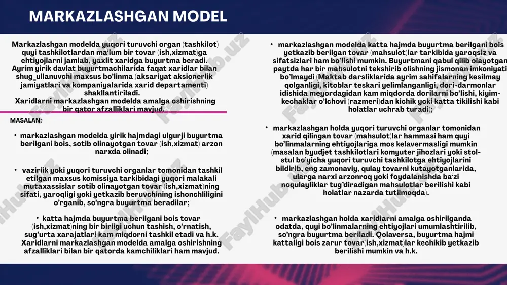 chun oʼtkaziladigan auksion davlat xaridlarining raqobatli usuli boʼlib, uni tashkil etishda narx ishtirokchini tanlashning yagona mezoni boʼladi va bunda mazkur norma tovarlarni belgilangan sifat standartlariga muvofiq holda yetkazib berish talabini bekor qilmaydi. tovarni eʼlonda bayon etilgan shartlar asosida eng past narx boʼyicha yetkazib berishni taklif qilgan ishtirokchi auktsionning gʼolibi boʼladi. eng yaxshi takliflarni tanlash (tanlov) deganda shartnomani bajarish boʼyicha eng yaxshi shartlarni taklif qilgan ishtirokchi gʼolib deb topiladigan xarid qilish tartib-taomilini amalga oshirishning turi tushuniladi. davlat xaridi toʼgʼrisidagi axborot davlat buyurtmachisi tomonidan maxsus axborot portaliga tanlov oʼtkazilishi toʼgʼrisidagi eʼlonni va tanlov hujjatlarini joylashtirish orqali cheklanmagan doiradagi shaxslarga maʼlum qilinadi. davomi tender deganda davlat xaridini ikki bosqichda amalga oshirishning raqobatli tartib-taomili orqali ijrochini aniqlash usuli tushuniladi. bunda shartnomani bajarish boʼyicha eng yaxshi shartlarni taklif qilgan tender ishtirokchisi ushbu tartib-taomil natijalari boʼyicha gʼolib deb topiladi. davlat xaridi haqidagi axborotni davlat buyurtmachisi tender oʼtkazilishi toʼgʼrisidagi eʼlonni va tender hujjatlarini maxsus axborot portaliga joylashtirish …