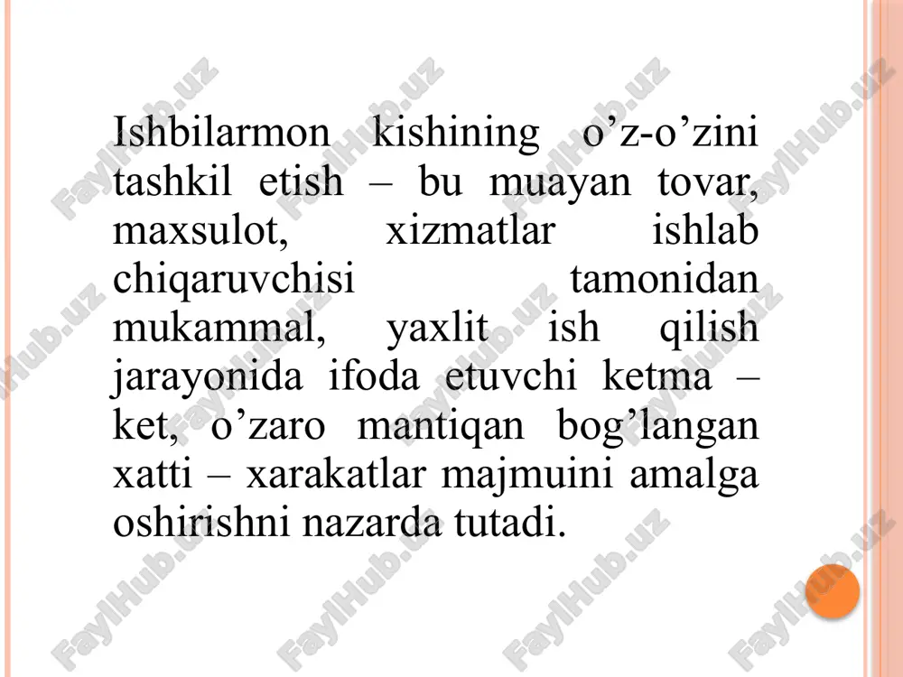 shlab chiqarish va xizmat ko’rsatish, ularni sotish hamda foyda olishga qaratilgan. biznes huquqiy munosabatlari esa biznes faoliyatini amalga oshirish jarayonida vujudga keladigan munosabatlardan iboratdir. nazariy jihatdan bu huquqiy munosabatning oʻziga xos xusiyatlarini tahlil etish muhim vazifadir. biznes majburiyati oʻz ichiga biznes huquqiy munosabat-larini qamrab oladi. biznes majburiyati, biznes huquqiy kategoriya boʻlib hisoblanadi. biznes majburiyati biznes huquqi va qonunchiligining predmetini tashkil qiladigan xoʻjalik munosabatlarining huquqiy shakli, mazmunini ifodalaydi. biznes munosabatlari boʻlib, biznes huquq normalari bilan tartibga solinadigan ijtimoiy munosabatlar hisoblanadi. biznes munosabatlari biznes faoliyatini amalga oshirish jarayonida vujudga keladi. . biznes munosabatlaridan bozor iqtisodining har xil doirasida foydalaniladi. xoʻjalik munosabatlarining umumiy belgilari quyidagilardan iborat: a) taraflar boʻlib biznes huquqi subyektlari qatnashadi; b) mazmunini biznes huquq va burchlari tashkil qiladi; c) obyekt boʻlib biznes sohasidagi muayyan harakat hisoblanadi. koʻrsatilgan belgilar uni biznes nisbiy huquqiy munosabatlar sifatida tavsiflaydi. uning belgilari tavakkichilikda, tashabbus koʻrsatishga va daromad (foyda) olishga asoslanishda namoyon boʻladi. biznes huquqiy munosabatlar …