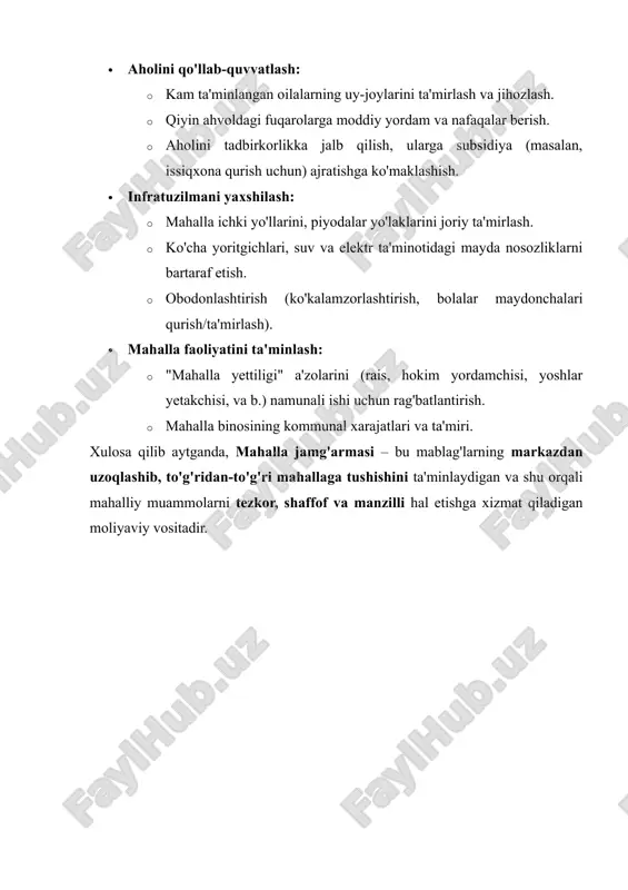 aqami kirim manbalari (moddalari) 2025 yil reja (so'm) 2025 yil haqiqatda (so'm) izoh 1 davr boshidagi qoldiq x 50,000,000 01.01.2025 holatiga 2 asosiy kirimlar 2.1 mahalliy byudjetdan ajratilgan mablag'lar 500,000,000 480,000,000 2.2 davlat mulkini ijaraga berishdan tushgan mablag' (bir qismi) 50,000,000 45,000,000 2.3 jami asosiy kirimlar: 550,000,000 525,000,000 (2.1 + 2.2) 3 boshqa kirimlar 3.1 homiy (sponsor) mablag'lari va xayriyalar 100,000,000 120,000,000 3.2 jarima va boshqa tushumlar 5,000,000 7,000,000 3.3 jami boshqa kirimlar: 105,000,000 127,000,000 (3.1 + 3.2) jami kirimlar (2+3): 655,000,000 652,000,000 jami mablag'lar (1+kirimlarning jamisi): x 702,000,000 (50,000,000 + 652,000,000) ii. chiqim (xarajat) qismi tartib raqami chiqim yo'nalishlari (moddalari) 2025 yil reja (so'm) 2025 yil haqiqatda (so'm) izoh 1 ijtimoiy yordam va ko'mak 1.1 "temir daftar", "ayollar daftari" va "yoshlar daftari"ga kiritilganlarga moddiy yordam 300,000,000 295,000,000 1.2 nafaqa va bir martalik to'lovlar 50,000,000 48,000,000 1.3 jami ijtimoiy xarajatlar: 350,000,000 343,000,000 (1.1 + 1.2) 2 mahalla infratuzilmasini rivojlantirish 2.1 …
